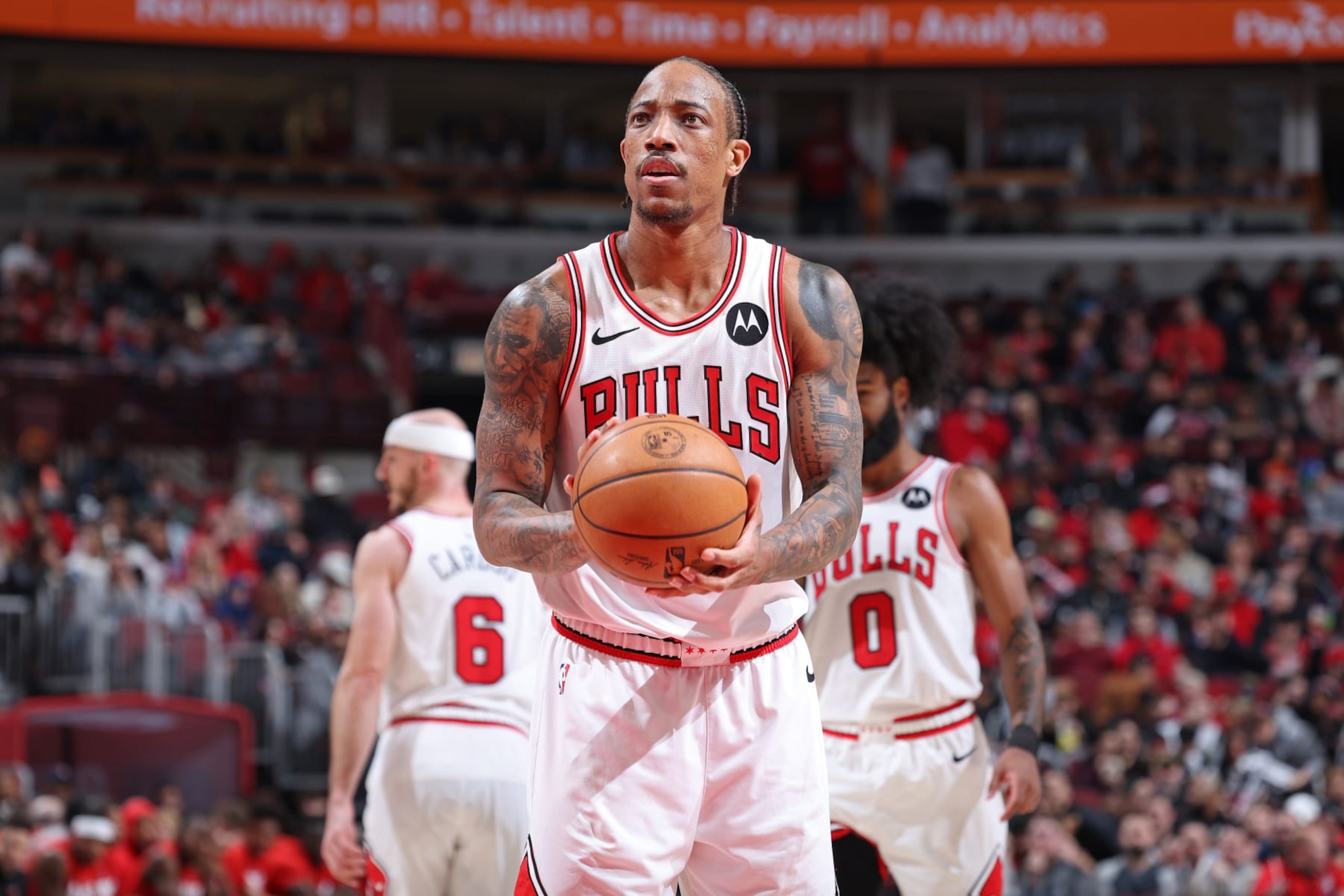 CHICAGO, IL - FEBRUARY 6: DeMar DeRozan #11 of the Chicago Bulls prepares to shoot a free throw during the game against the Minnesota Timberwolves on February 6, 2024 at United Center in Chicago, Illinois. NOTE TO USER: User expressly acknowledges and agrees that, by downloading and or using this photograph, User is consenting to the terms and conditions of the Getty Images License Agreement. Mandatory Copyright Notice: Copyright 2024 NBAE (Photo by Jeff Haynes/NBAE via Getty Images)
