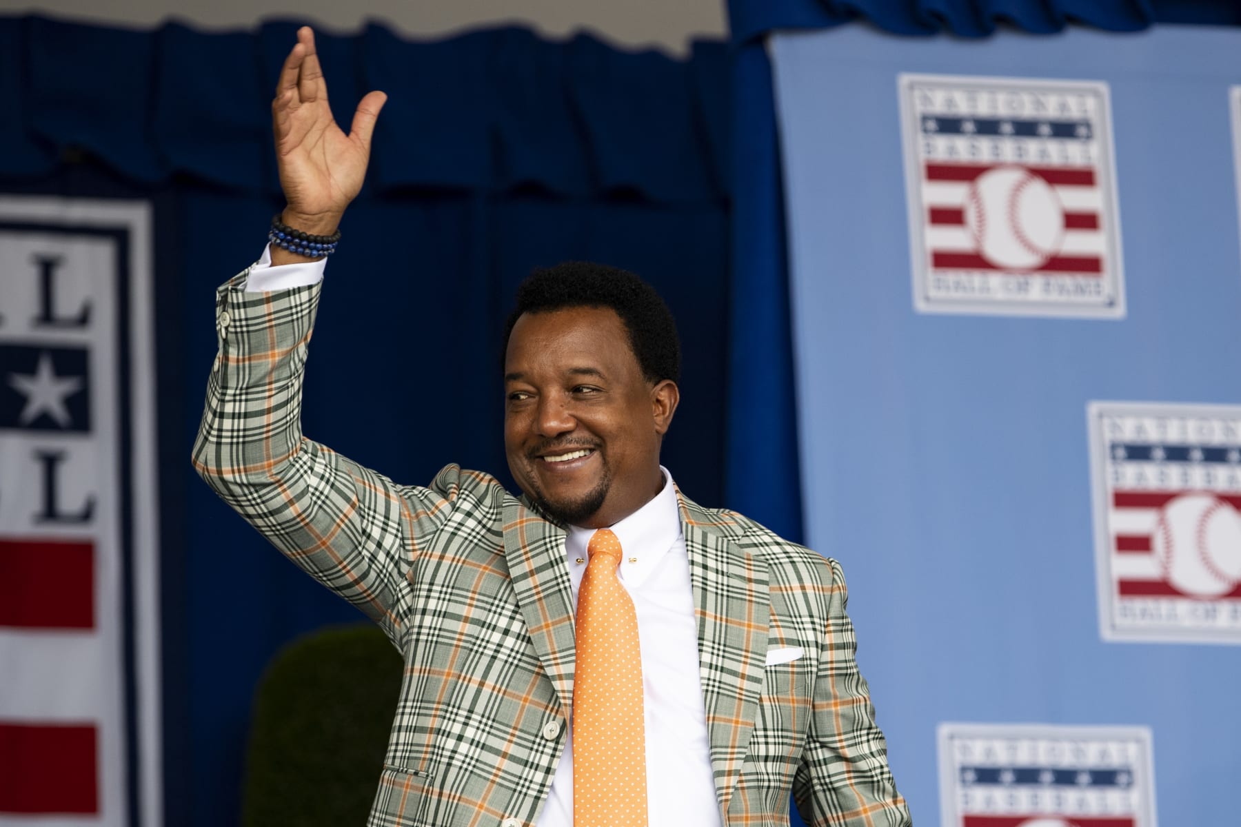 COOPERSTOWN, NY - JULY 24: Hall of Fame Class of 2015 inductee Pedro Martinez is introduced during the induction ceremony for Hall of Fame Class of 2022 Inductee David Ortiz during the 2022 Hall of Fame weekend at the National Baseball Hall of Fame on July 24, 2022 in Cooperstown, New York. (Photo by Billie Weiss/Boston Red Sox/Getty Images)