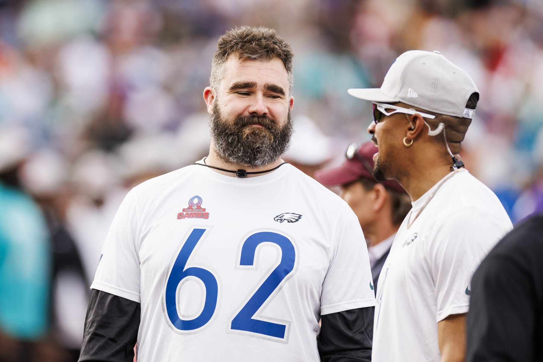 ORLANDO, FLORIDA - FEBRUARY 04: Jason Kelce #62 (L) and Jalen Hurts #1 of the Philadelphia Eagles and NFC talk during the 2024 NFL Pro Bowl at Camping World Stadium on February 04, 2024 in Orlando, Florida. (Photo by James Gilbert/Getty Images)