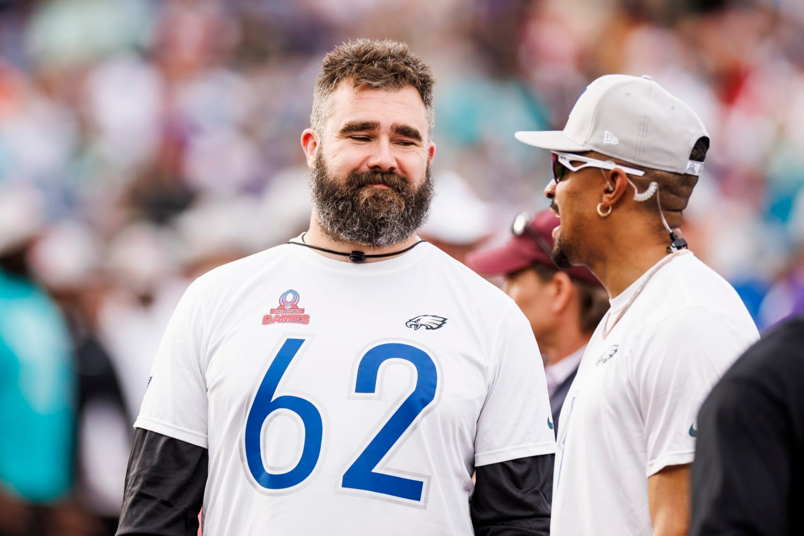 ORLANDO, FLORIDA - FEBRUARY 04: Jason Kelce #62 (L) and Jalen Hurts #1 of the Philadelphia Eagles and NFC talk during the 2024 NFL Pro Bowl at Camping World Stadium on February 04, 2024 in Orlando, Florida. (Photo by James Gilbert/Getty Images) ORLANDO, FLORIDA - FEBRUARY 04: Jason Kelce #62 (L) and Jalen Hurts #1 of the Philadelphia Eagles and NFC talk during the 2024 NFL Pro Bowl at Camping World Stadium on February 04, 2024 in Orlando, Florida. (Photo by James Gilbert/Getty Images)