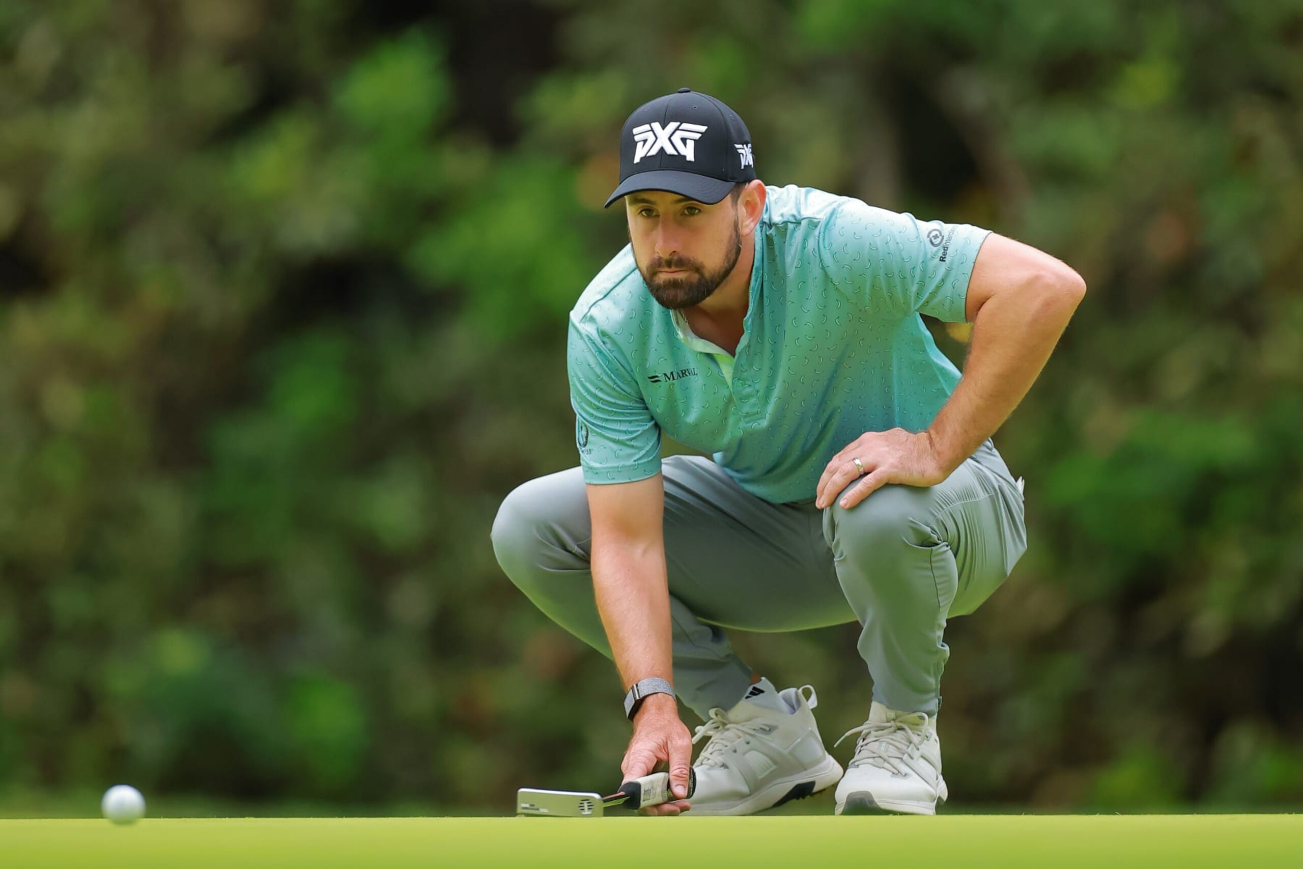 BOGOTA, COLOMBIA - FEBRUARY 08: Cristobal Del Solar of Chile lines up a putt on the 12th green during the first round of the Astara Golf Championship presented by Mastercard at Country Club de Bogota on February 08, 2024 in Bogota, Colombia. (Photo by Hector Vivas/Getty Images)