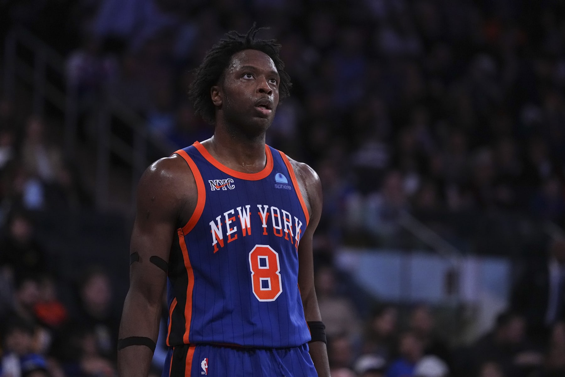 NEW YORK, NEW YORK - JANUARY 27: OG Anunoby #8 of the New York Knicks looks on against the Miami Heat at Madison Square Garden on January 27, 2024 in New York City. NOTE TO USER: User expressly acknowledges and agrees that, by downloading and or using this photograph, User is consenting to the terms and conditions of the Getty Images License Agreement. (Photo by Mitchell Leff/Getty Images)