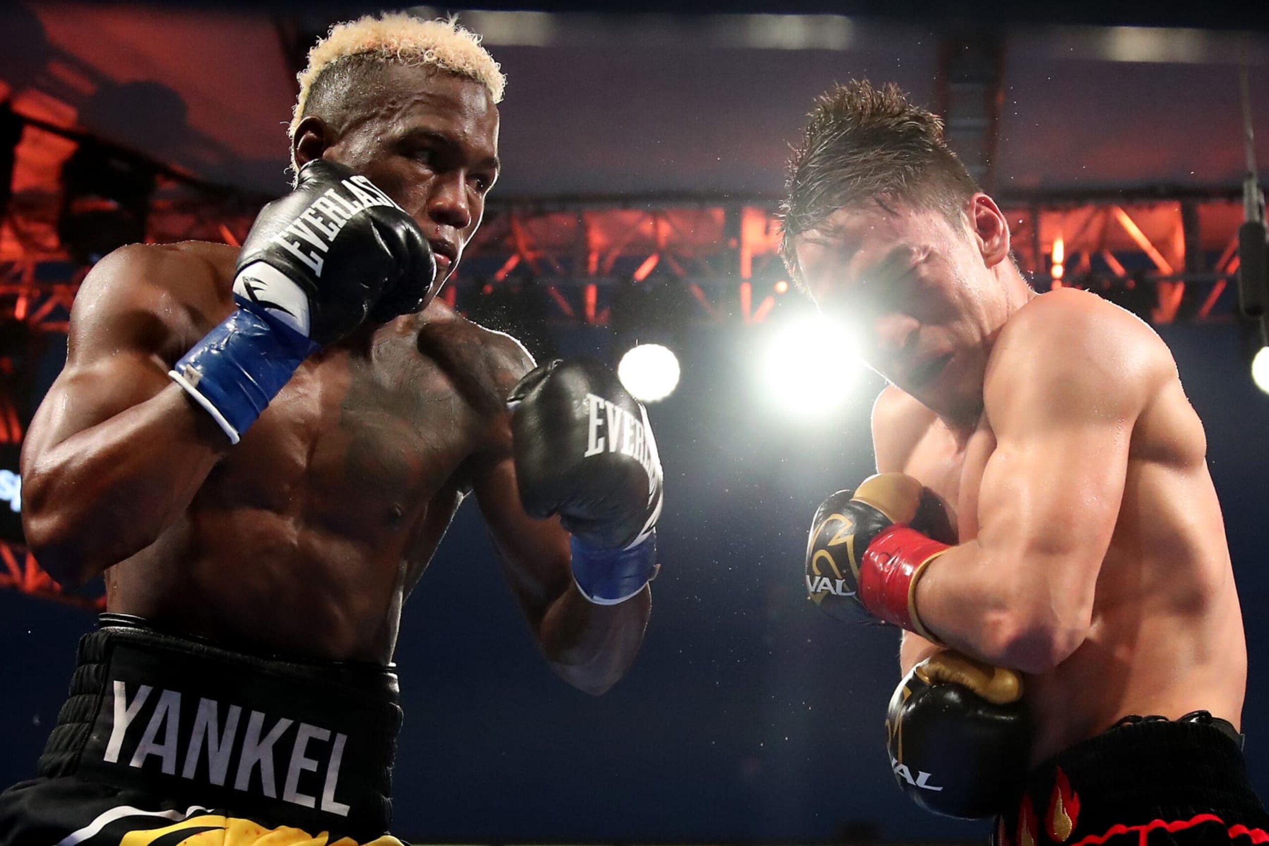 CARSON, CALIFORNIA - MAY 29: Subriel Matias (L) punches Batyr Jukembayev in the sixth round of their IBF Super Lightweight World Title Eliminator at Dignity Health Sports Park on May 29, 2021 in Carson, California. (Photo by Katelyn Mulcahy/Getty Images)