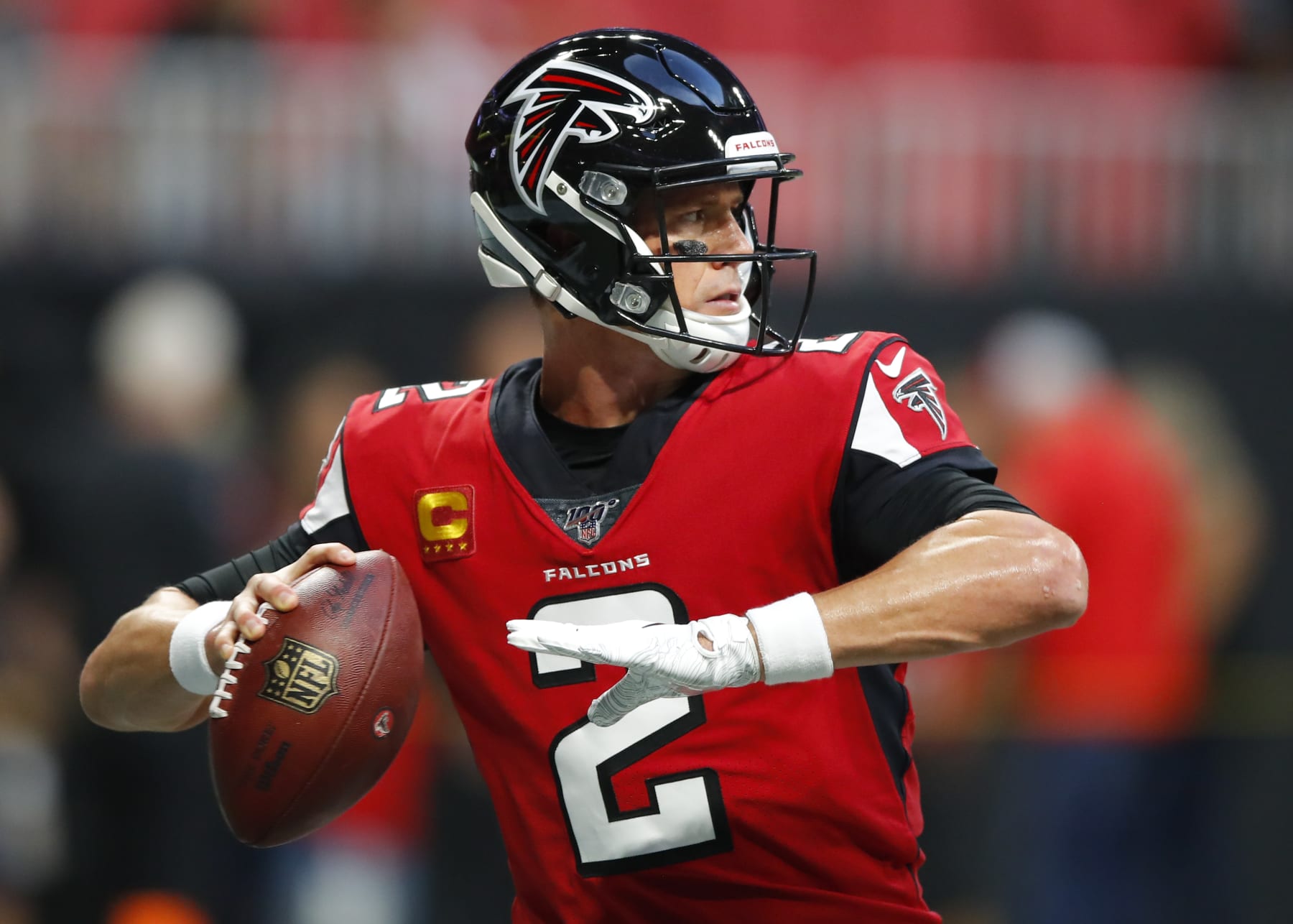 ATLANTA, GA - SEPTEMBER 15: Matt Ryan #2 of the Atlanta Falcons warms up prior to an NFL game against the Philadelphia Eagles at Mercedes-Benz Stadium on September 15, 2019 in Atlanta, Georgia. (Photo by Todd Kirkland/Getty Images)