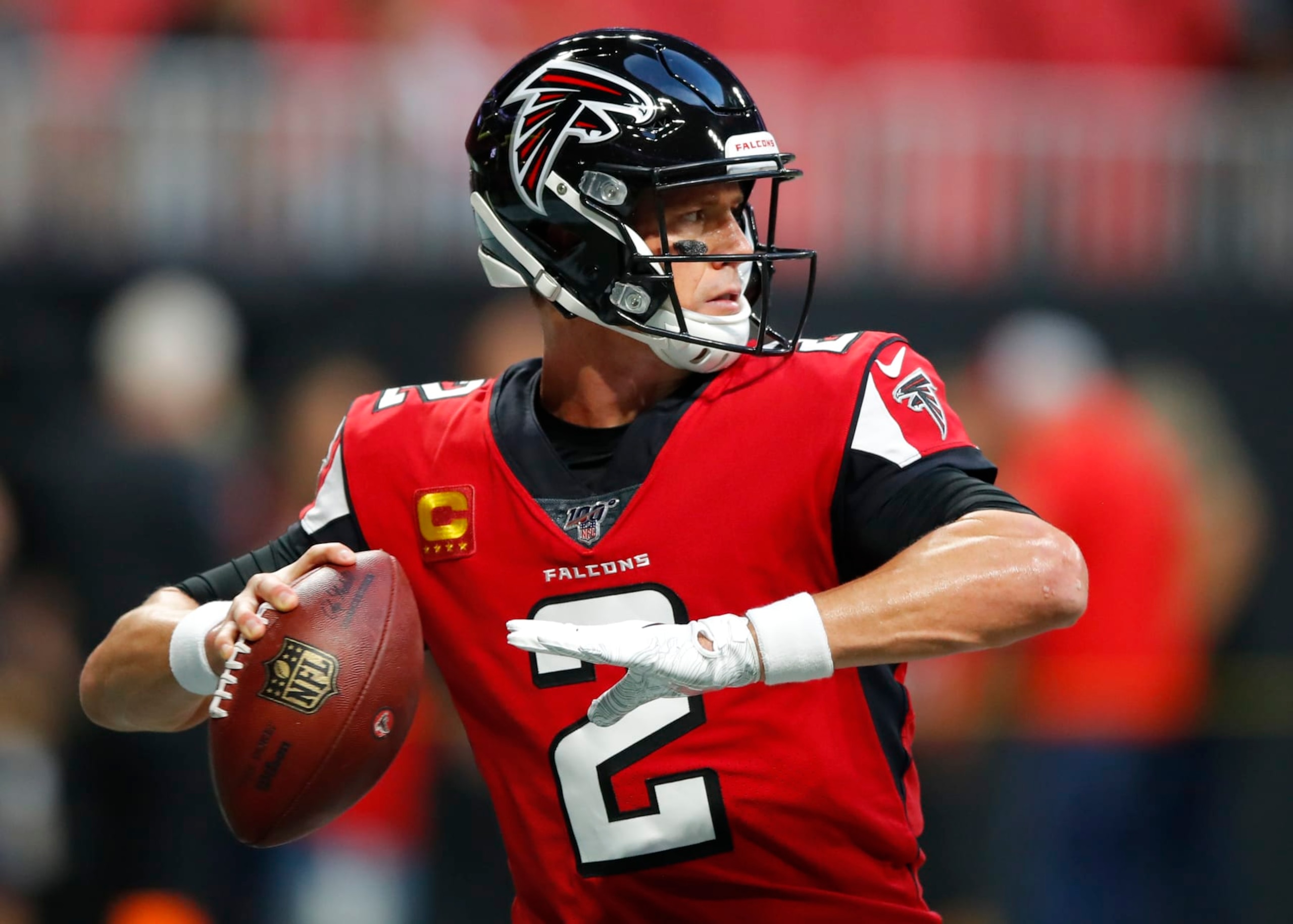 ATLANTA, GA - SEPTEMBER 15: Matt Ryan #2 of the Atlanta Falcons warms up prior to an NFL game against the Philadelphia Eagles at Mercedes-Benz Stadium on September 15, 2019 in Atlanta, Georgia. (Photo by Todd Kirkland/Getty Images) ATLANTA, GA - SEPTEMBER 15: Matt Ryan #2 of the Atlanta Falcons warms up prior to an NFL game against the Philadelphia Eagles at Mercedes-Benz Stadium on September 15, 2019 in Atlanta, Georgia. (Photo by Todd Kirkland/Getty Images)