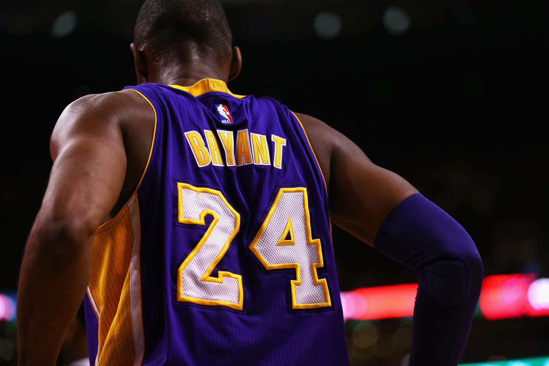 BOSTON, MA - DECEMBER 30:  A detail of Kobe Bryant #24 of the Los Angeles Lakers' jersey during the second quarter against the Boston Celtics at TD Garden on December 30, 2015 in Boston, Massachusetts.  NOTE TO USER: User expressly acknowledges and agrees that, by downloading and/or using this photograph, user is consenting to the terms and conditions of the Getty Images License Agreement.  (Photo by Maddie Meyer/Getty Images)