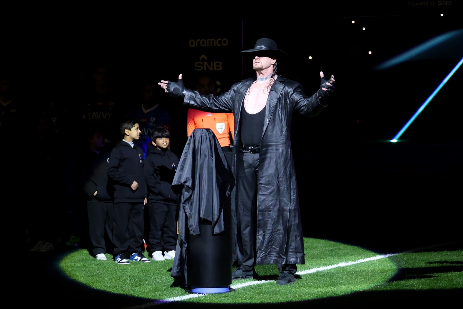 RIYADH, SAUDI ARABIA - FEBRUARY 08: American retired professional wrestler, Mark William Calaway, aka 'The Undertaker', is presented prior to the Riyadh Season Cup Final match between Al Hilal and Al-Nassr at Kingdom Arena on February 08, 2024 in Riyadh, Saudi Arabia. (Photo by Yasser Bakhsh/Getty Images)
