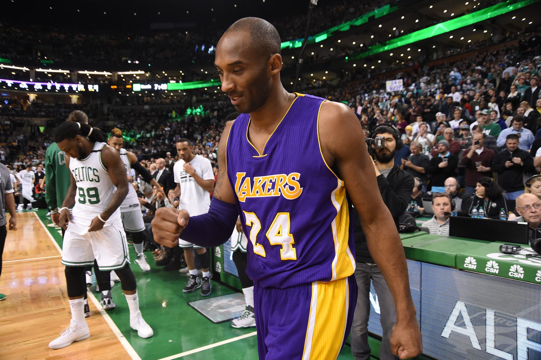 BOSTON, MA - DECEMBER 30: Kobe Bryant #24 of the Los Angeles Lakers before the game against the Boston Celtics on December 30, 2015 at the TD Garden in Boston, Massachusetts.  NOTE TO USER: User expressly acknowledges and agrees that, by downloading and or using this photograph, User is consenting to the terms and conditions of the Getty Images License Agreement. Mandatory Copyright Notice: Copyright 2015 NBAE  (Photo by Brian Babineau/NBAE via Getty Images)