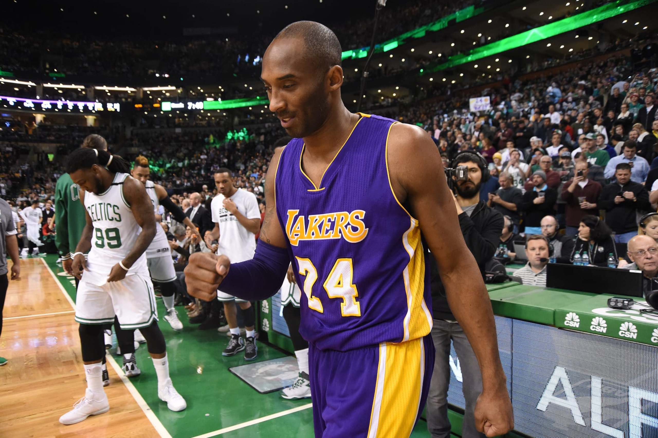 BOSTON, MA - DECEMBER 30: Kobe Bryant #24 of the Los Angeles Lakers before the game against the Boston Celtics on December 30, 2015 at the TD Garden in Boston, Massachusetts.  NOTE TO USER: User expressly acknowledges and agrees that, by downloading and or using this photograph, User is consenting to the terms and conditions of the Getty Images License Agreement. Mandatory Copyright Notice: Copyright 2015 NBAE  (Photo by Brian Babineau/NBAE via Getty Images)