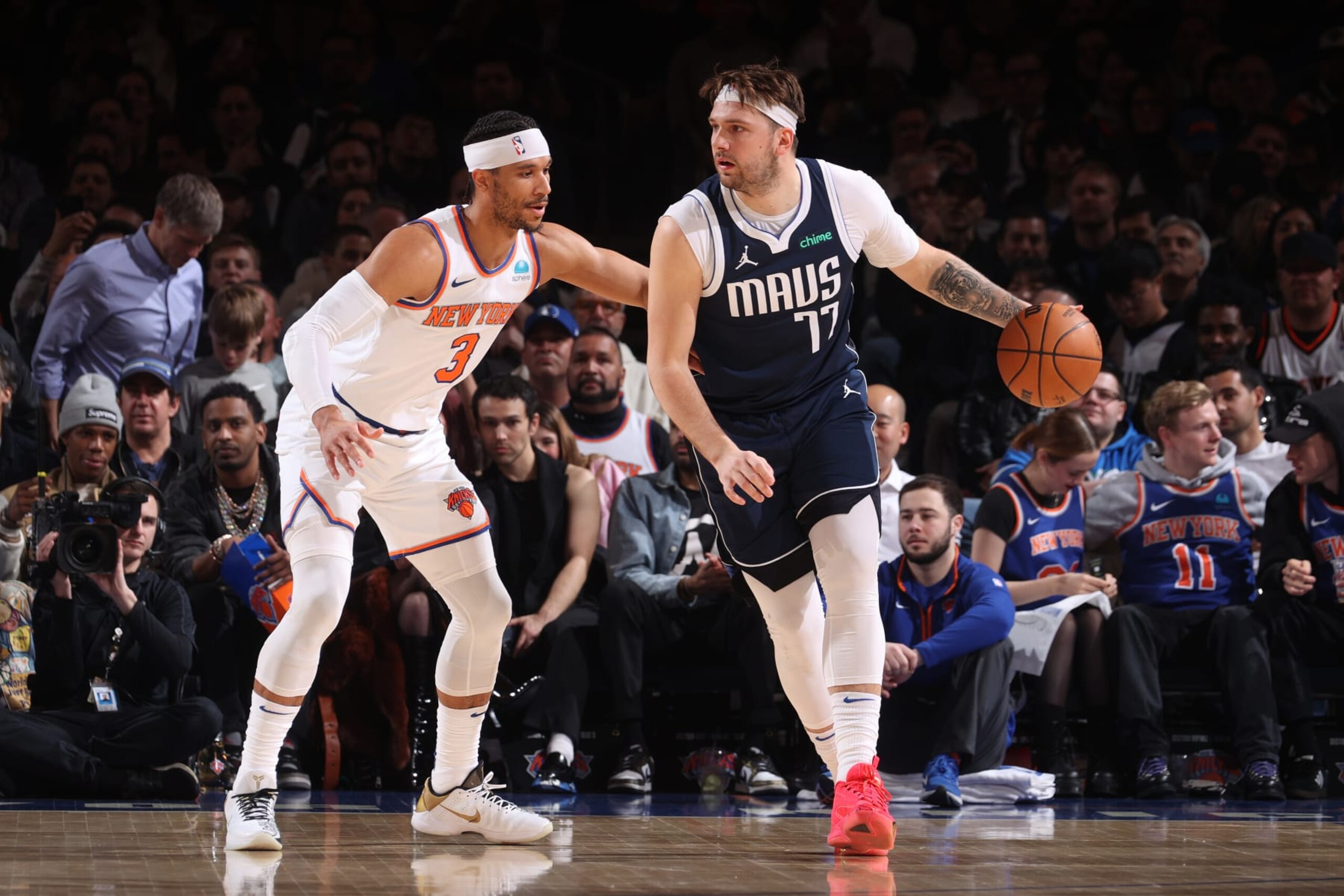 NEW YORK, NY - FEBRUARY 8: Luka Doncic #77 of the Dallas Mavericks dribbles the ball during the game against the New York Knicks on February 8, 2024 at Madison Square Garden in New York City, New York.  NOTE TO USER: User expressly acknowledges and agrees that, by downloading and or using this photograph, User is consenting to the terms and conditions of the Getty Images License Agreement. Mandatory Copyright Notice: Copyright 2024 NBAE  (Photo by Nathaniel S. Butler/NBAE via Getty Images)