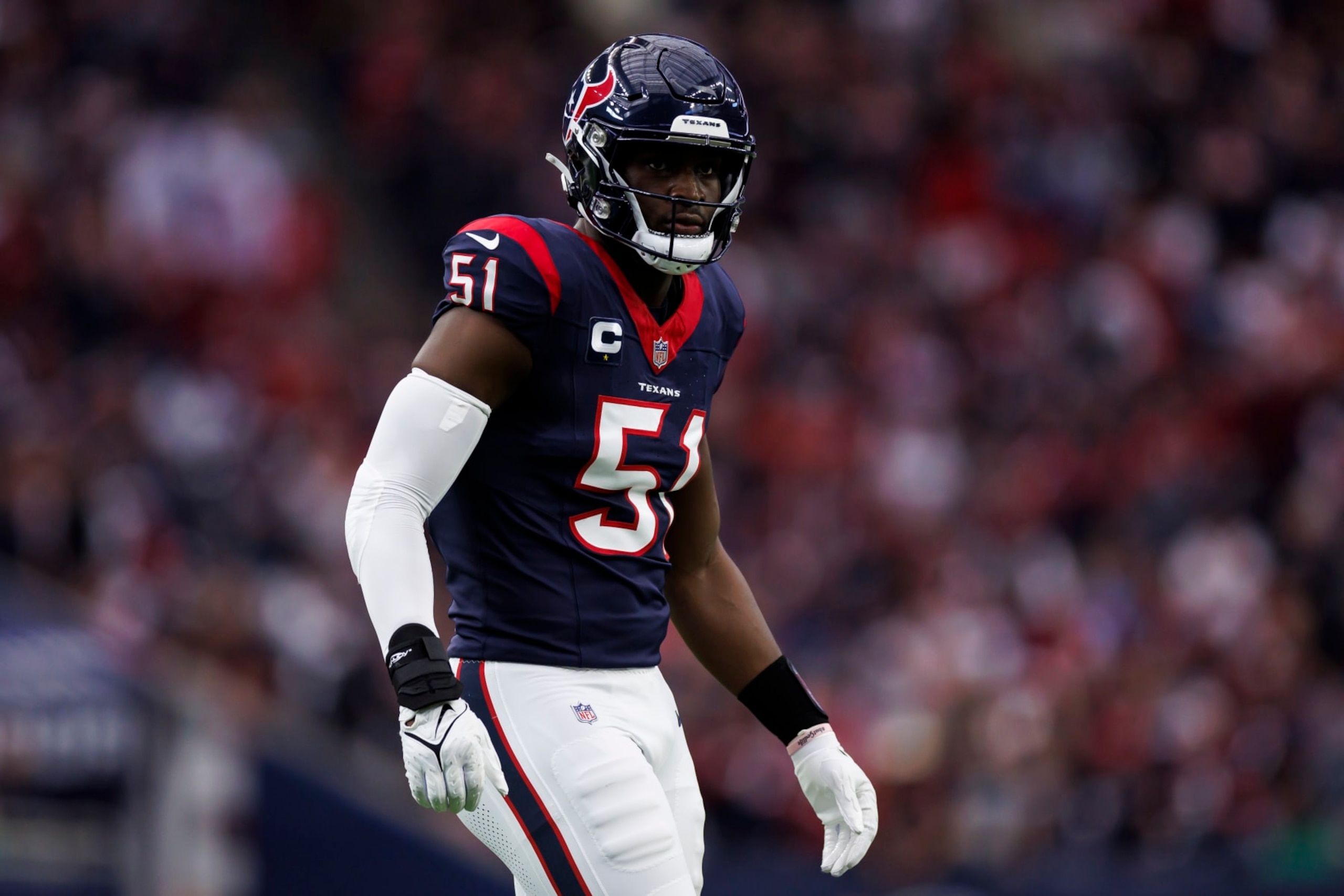 HOUSTON, TEXAS - JANUARY 13: Will Anderson Jr. #51 of the Houston Texans lines up to run around the edge during an AFC wild-card playoff football game against the Cleveland Browns at NRG Stadium on January 13, 2024 in Houston, Texas. (Photo by Ryan Kang/Getty Images)