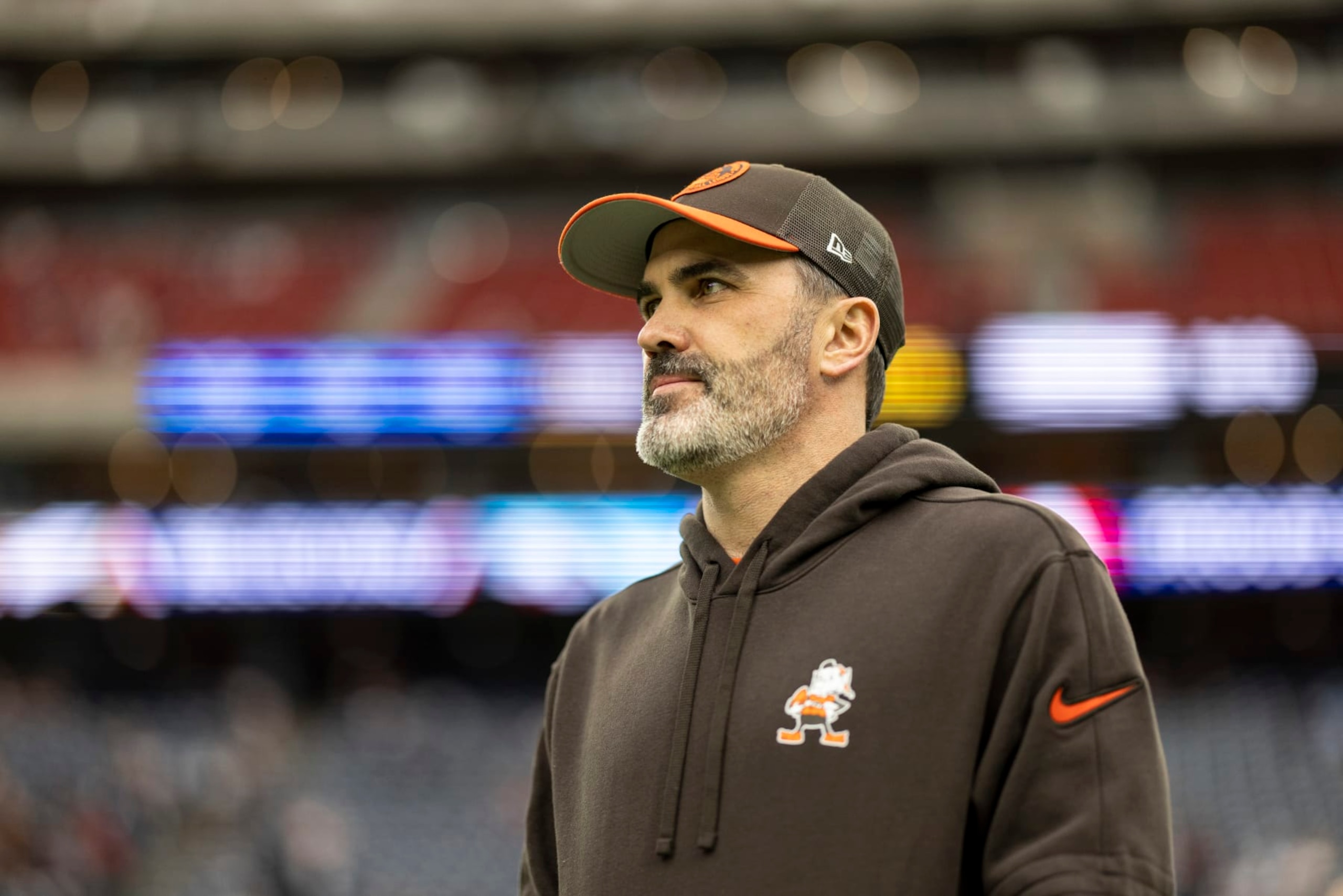 HOUSTON, TEXAS - JANUARY 13: Head coach Kevin Stefanski of the Cleveland Browns looks on prior to an NFL wild-card playoff football game between the Houston Texans and the Cleveland Browns at NRG Stadium on January 13, 2024 in Houston, Texas. (Photo by Michael Owens/Getty Images)