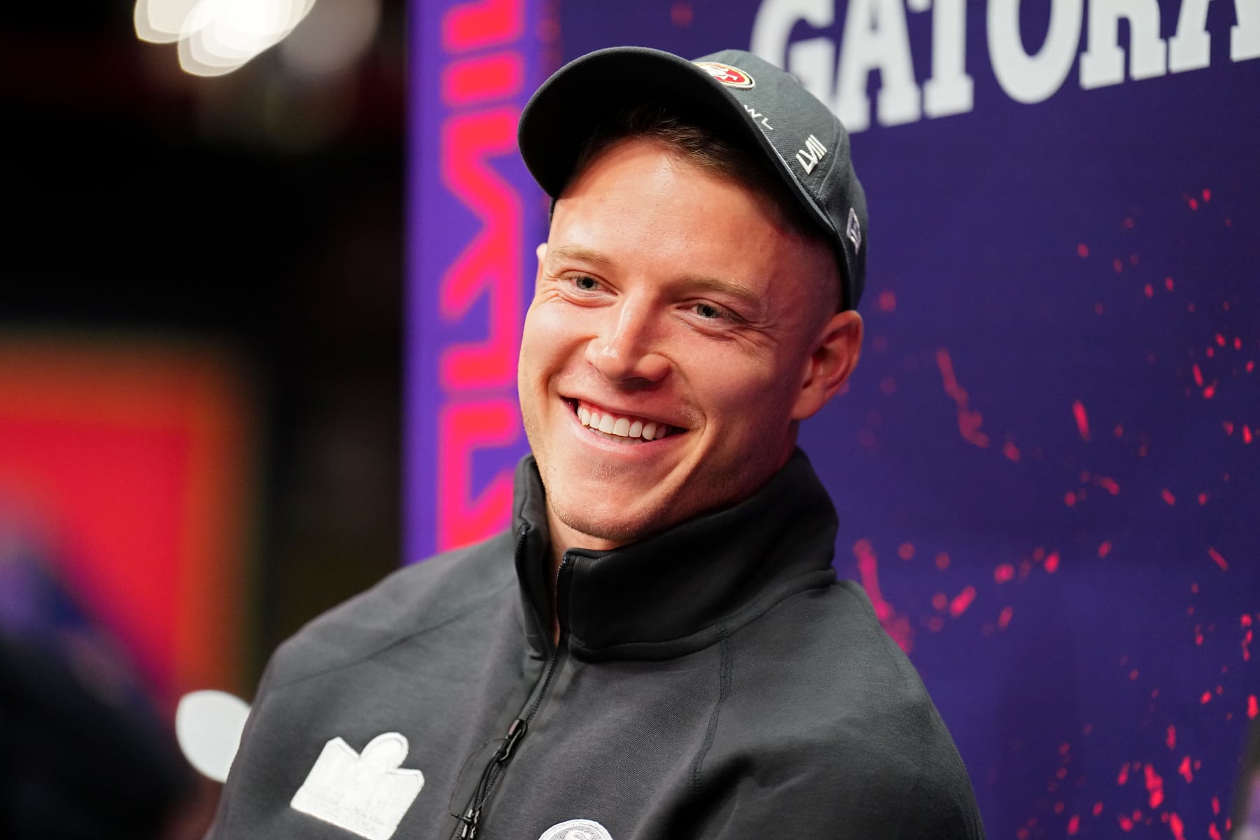 LAS VEGAS, NEVADA - FEBRUARY 05: Christian McCaffrey of the San Francisco 49ers speaks to the media during Super Bowl LVIII Opening Night at Allegiant Stadium on February 05, 2024 in Las Vegas, Nevada. (Photo by Chris Unger/Getty Images)