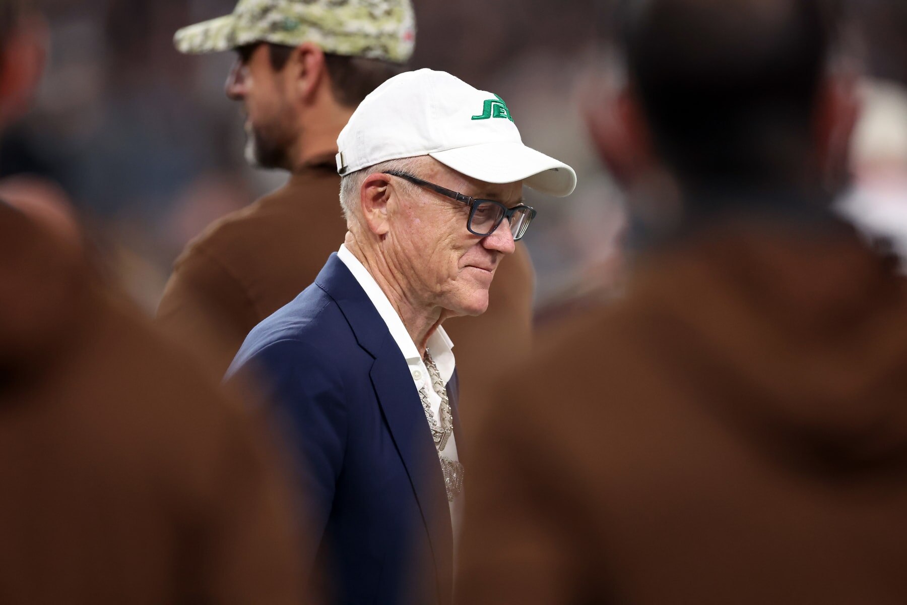 LAS VEGAS, NEVADA - NOVEMBER 12:  New York Jets owner Woody Johnson walks on the sidelines prior to the game against the Las Vegas Raiders at Allegiant Stadium on November 12, 2023 in Las Vegas, Nevada. (Photo by Sean M. Haffey/Getty Images)