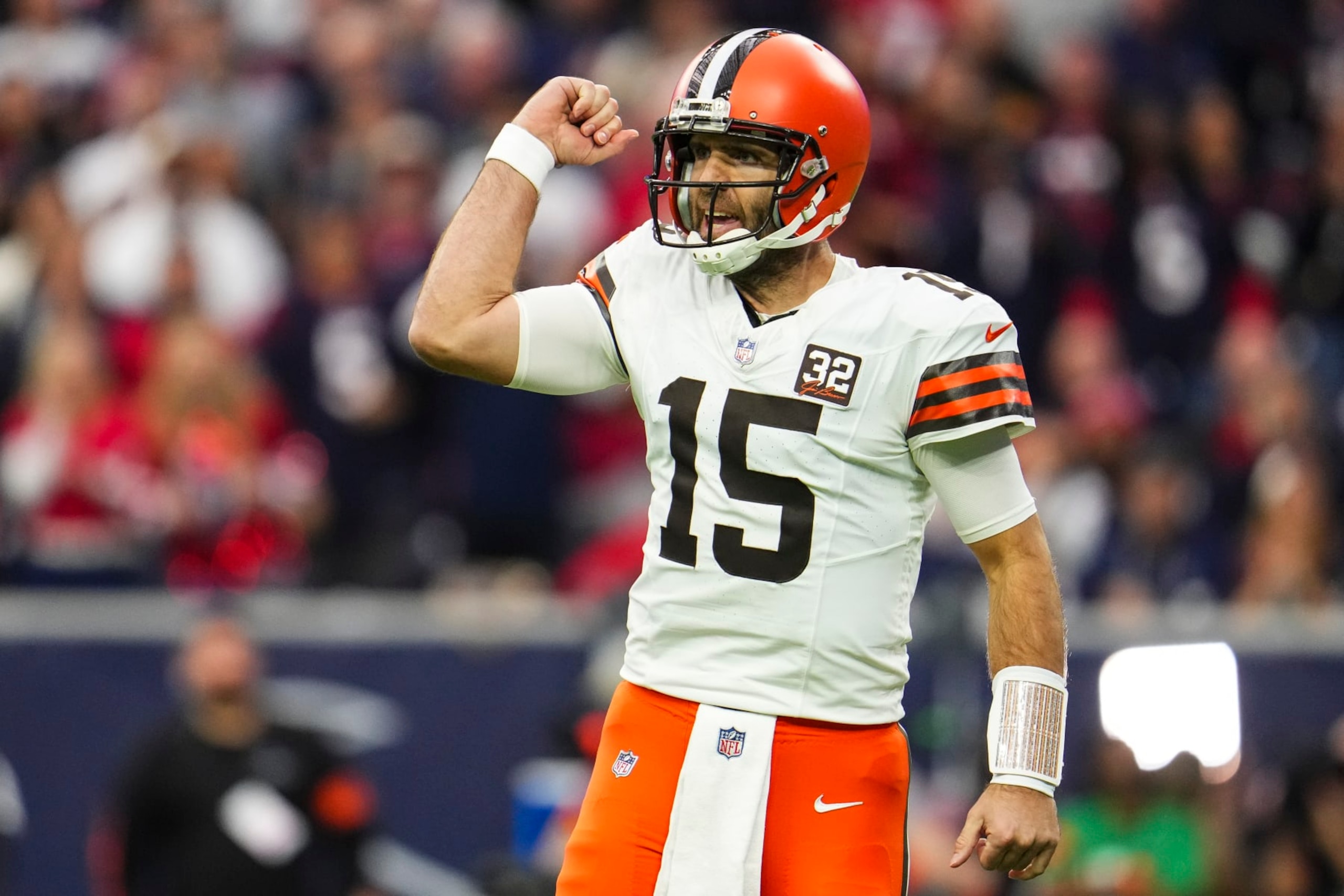 HOUSTON, TX - JANUARY 13: Joe Flacco #15 of the Cleveland Browns celebrates during an NFL wild-card playoff football game against the Houston Texans at NRG Stadium on January 13, 2024 in Houston, Texas. (Photo by Cooper Neill/Getty Images) HOUSTON, TX - JANUARY 13: Joe Flacco #15 of the Cleveland Browns celebrates during an NFL wild-card playoff football game against the Houston Texans at NRG Stadium on January 13, 2024 in Houston, Texas. (Photo by Cooper Neill/Getty Images)