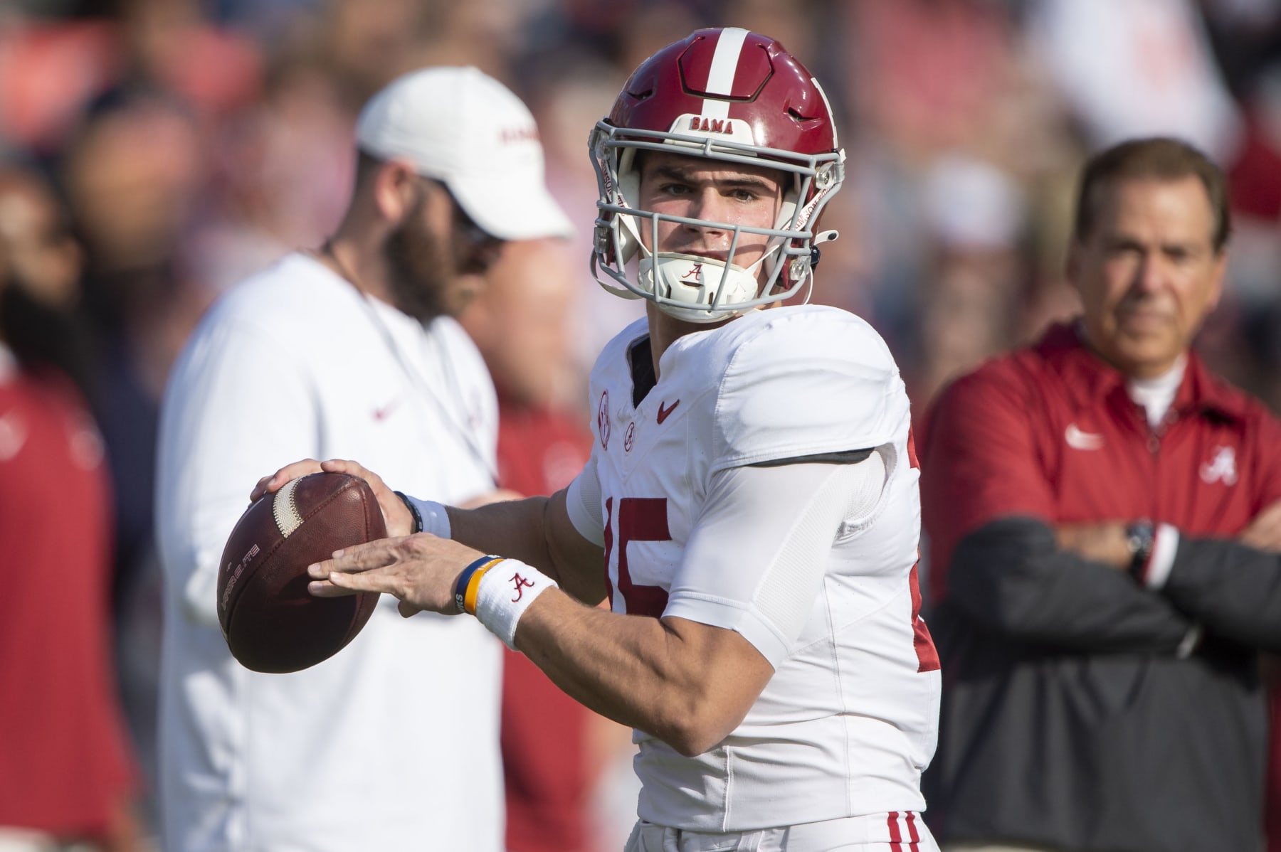 AUBURN, ALABAMA - NOVEMBER 25: Quarterback Ty Simpson #15 of the Alabama Crimson Tide prior to their game against the Auburn Tigers at Jordan-Hare Stadium on November 25, 2023 in Auburn, Alabama. (Photo by Michael Chang/Getty Images)