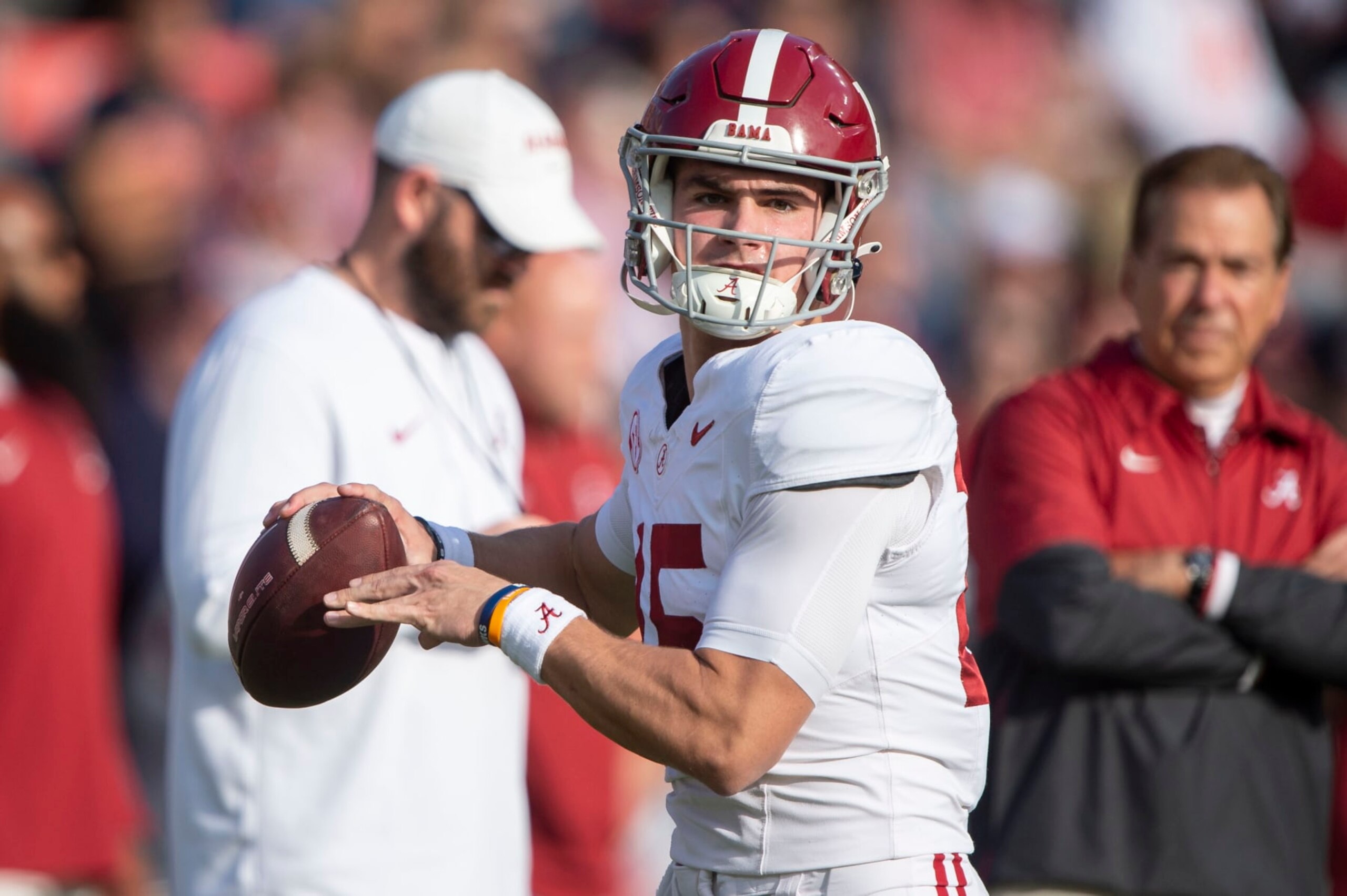 AUBURN, ALABAMA - NOVEMBER 25: Quarterback Ty Simpson #15 of the Alabama Crimson Tide prior to their game against the Auburn Tigers at Jordan-Hare Stadium on November 25, 2023 in Auburn, Alabama. (Photo by Michael Chang/Getty Images)