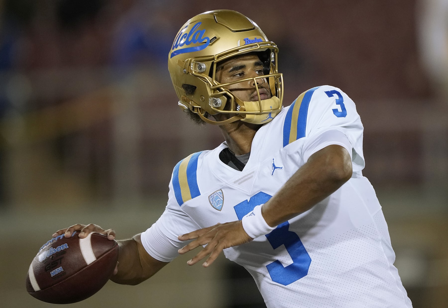 STANFORD, CALIFORNIA - OCTOBER 21: Dante Moore #3 of the UCLA Bruins warms up during pregame warm ups prior to the start of the game against the Stanford Cardinal at Stanford Stadium on October 21, 2023 in Stanford, California. (Photo by Thearon W. Henderson/Getty Images)