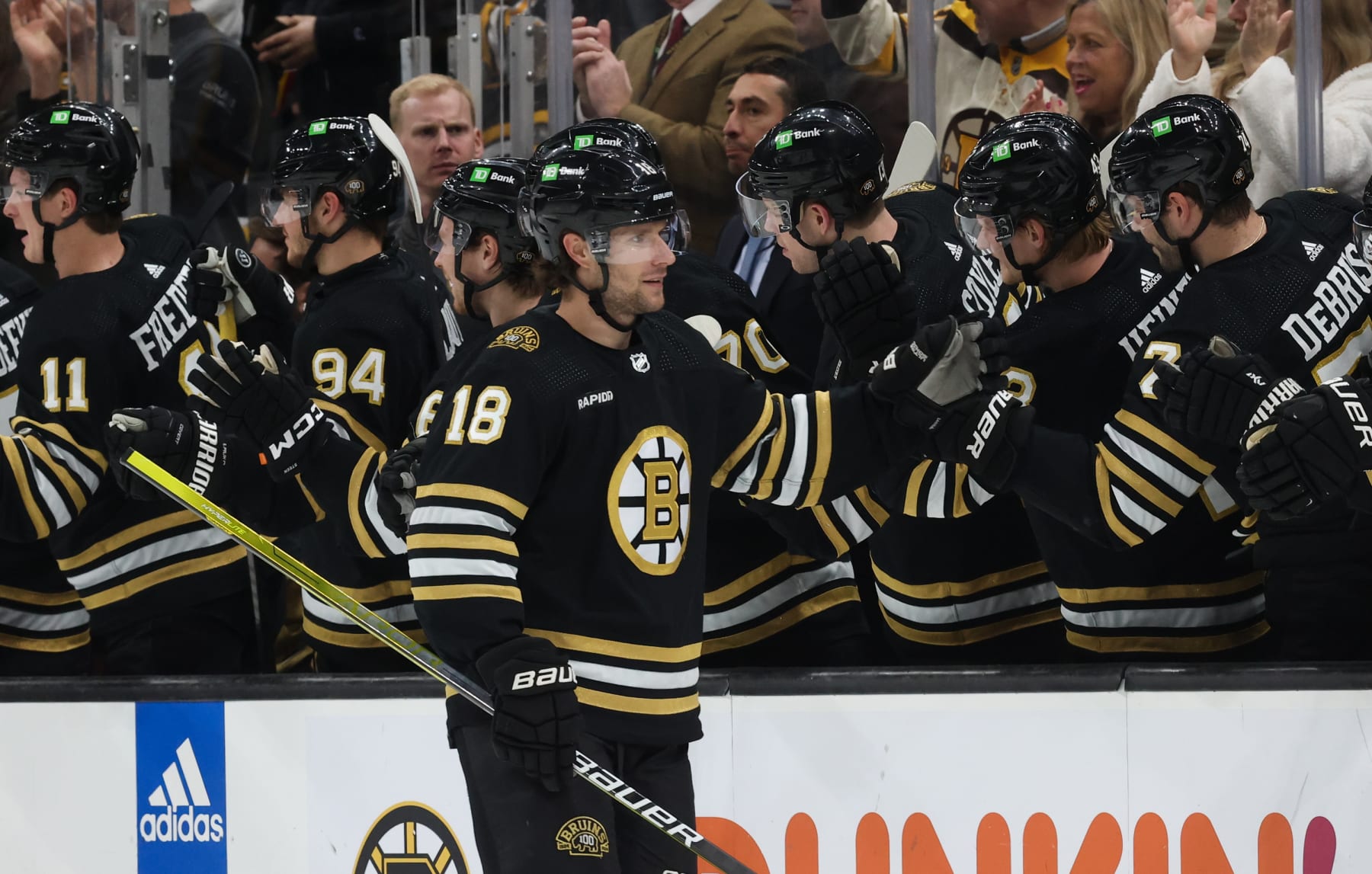 BOSTON, MASSACHUSETTS - FEBRUARY 08: Pavel Zacha #18 of the Boston Bruins celebrates his goal against the Vancouver Canucks during the second period with his teammates at the TD Garden on February 8, 2024 in Boston, Massachusetts. (Photo by Rich Gagnon/Getty Images)