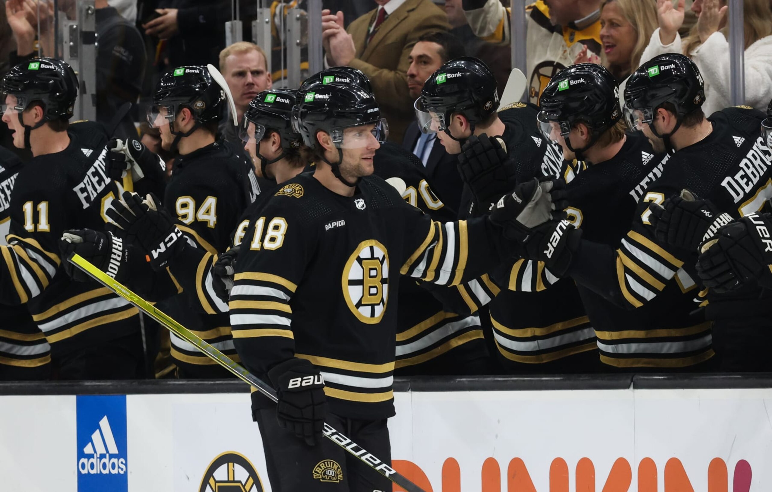 BOSTON, MASSACHUSETTS - FEBRUARY 08: Pavel Zacha #18 of the Boston Bruins celebrates his goal against the Vancouver Canucks during the second period with his teammates at the TD Garden on February 8, 2024 in Boston, Massachusetts. (Photo by Rich Gagnon/Getty Images)