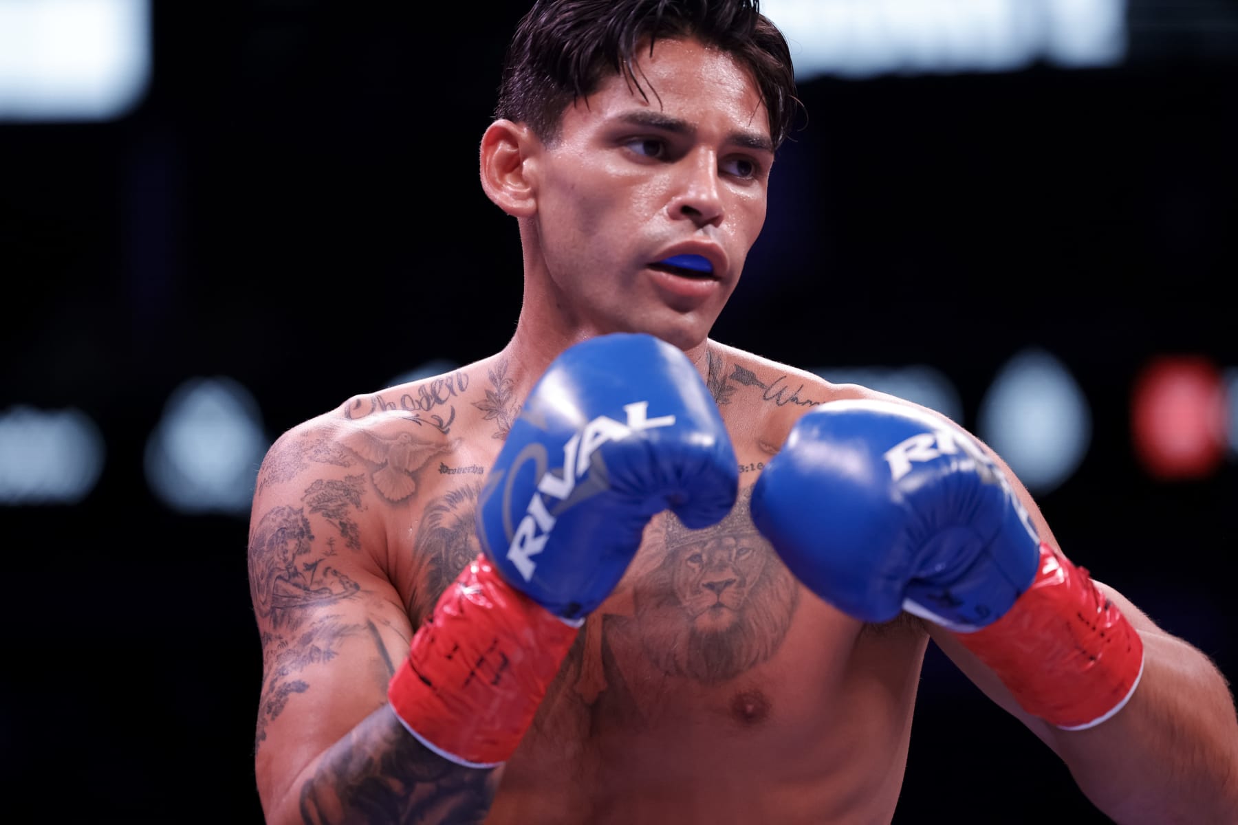 HOUSTON, TEXAS - DECEMBER 02: Ryan Garcia looks on while facing Oscar Duarte during their welterweight fight at Toyota Center on December 02, 2023 in Houston, Texas. (Photo by Carmen Mandato/Getty Images)