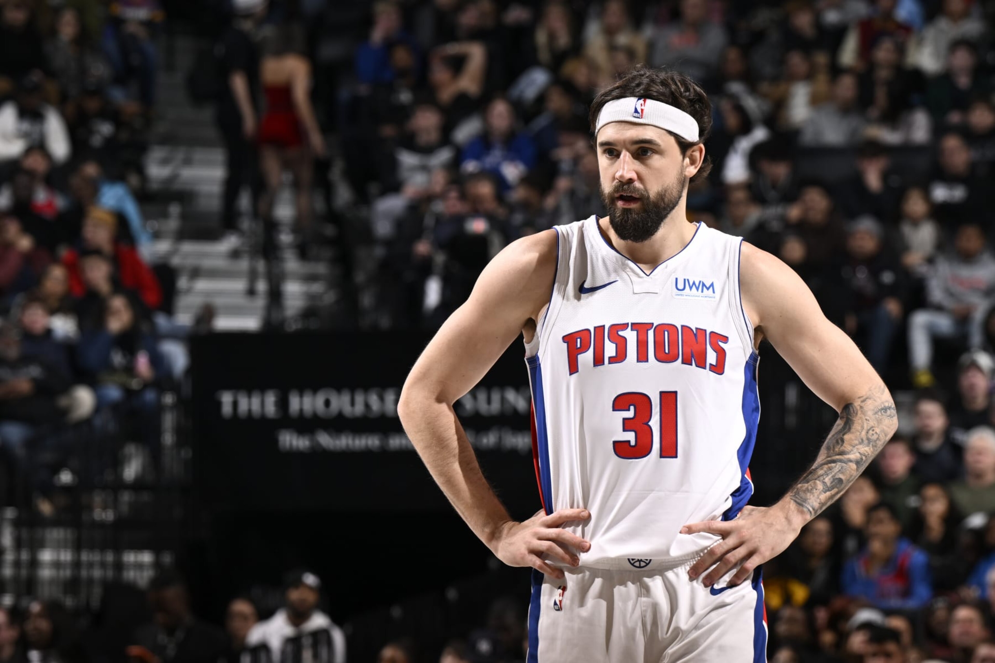 BROOKLYN, NY - DECEMBER 23: Joe Harris #31 of the Detroit Pistons looks on during the game against the Brooklyn Nets on December 23, 2023 at Barclays Center in Brooklyn, New York. NOTE TO USER: User expressly acknowledges and agrees that, by downloading and or using this Photograph, user is consenting to the terms and conditions of the Getty Images License Agreement. Mandatory Copyright Notice: Copyright 2023 NBAE (Photo by David Dow/NBAE via Getty Images) BROOKLYN, NY - DECEMBER 23: Joe Harris #31 of the Detroit Pistons looks on during the game against the Brooklyn Nets on December 23, 2023 at Barclays Center in Brooklyn, New York. NOTE TO USER: User expressly acknowledges and agrees that, by downloading and or using this Photograph, user is consenting to the terms and conditions of the Getty Images License Agreement. Mandatory Copyright Notice: Copyright 2023 NBAE (Photo by David Dow/NBAE via Getty Images)
