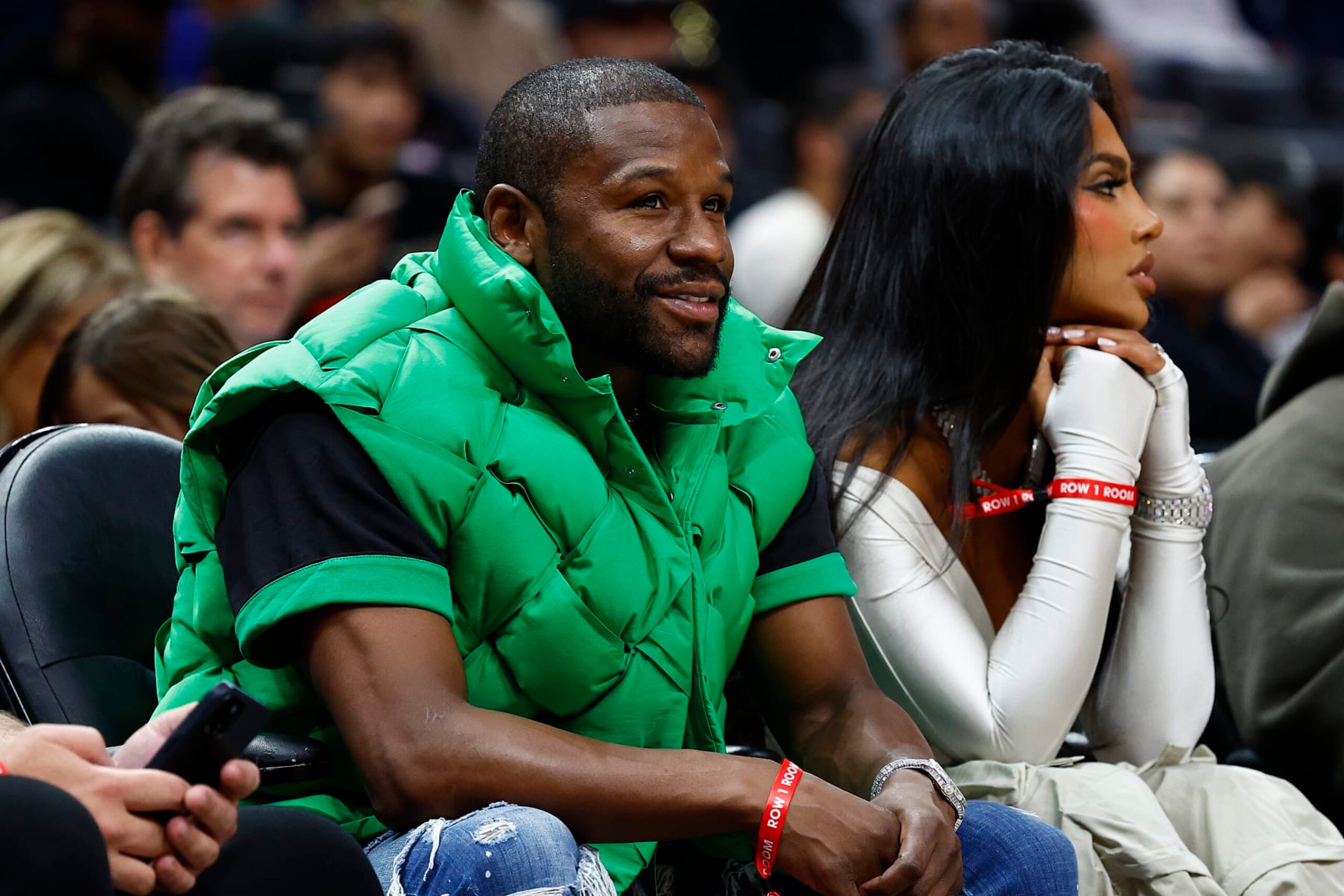 LOS ANGELES, CALIFORNIA - OCTOBER 17: Floyd Mayweather Jr. and Gallienne Nabila at Crypto.com Arena on October 17, 2023 in Los Angeles, California. NOTE TO USER: User expressly acknowledges and agrees that, by downloading and/or using this photograph, user is consenting to the terms and conditions of the Getty Images License Agreement. (Photo by Ronald Martinez/Getty Images) LOS ANGELES, CALIFORNIA - OCTOBER 17: Floyd Mayweather Jr. and Gallienne Nabila at Crypto.com Arena on October 17, 2023 in Los Angeles, California. NOTE TO USER: User expressly acknowledges and agrees that, by downloading and/or using this photograph, user is consenting to the terms and conditions of the Getty Images License Agreement. (Photo by Ronald Martinez/Getty Images)