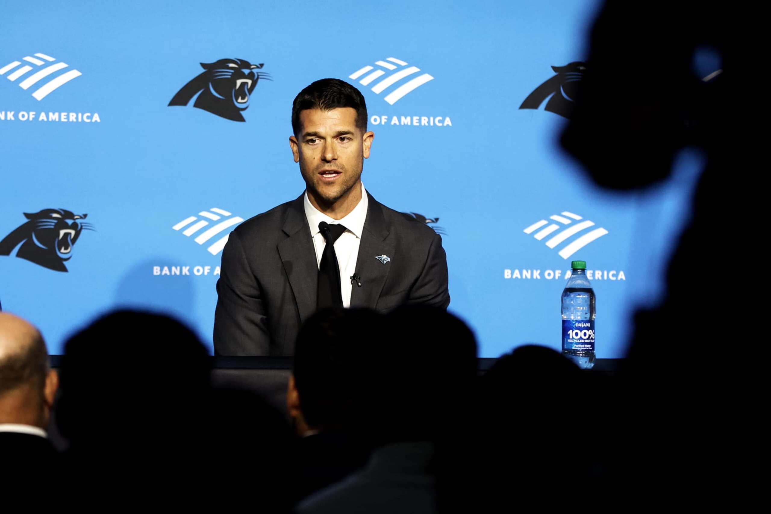 CHARLOTTE, NORTH CAROLINA - FEBRUARY 01: Carolina Panthers Head Coach Dave Canales speaks with the media during the Carolina Panthers Head Coach introduction at Bank of America Stadium on February 01, 2024 in Charlotte, North Carolina. (Photo by David Jensen/Getty Images)