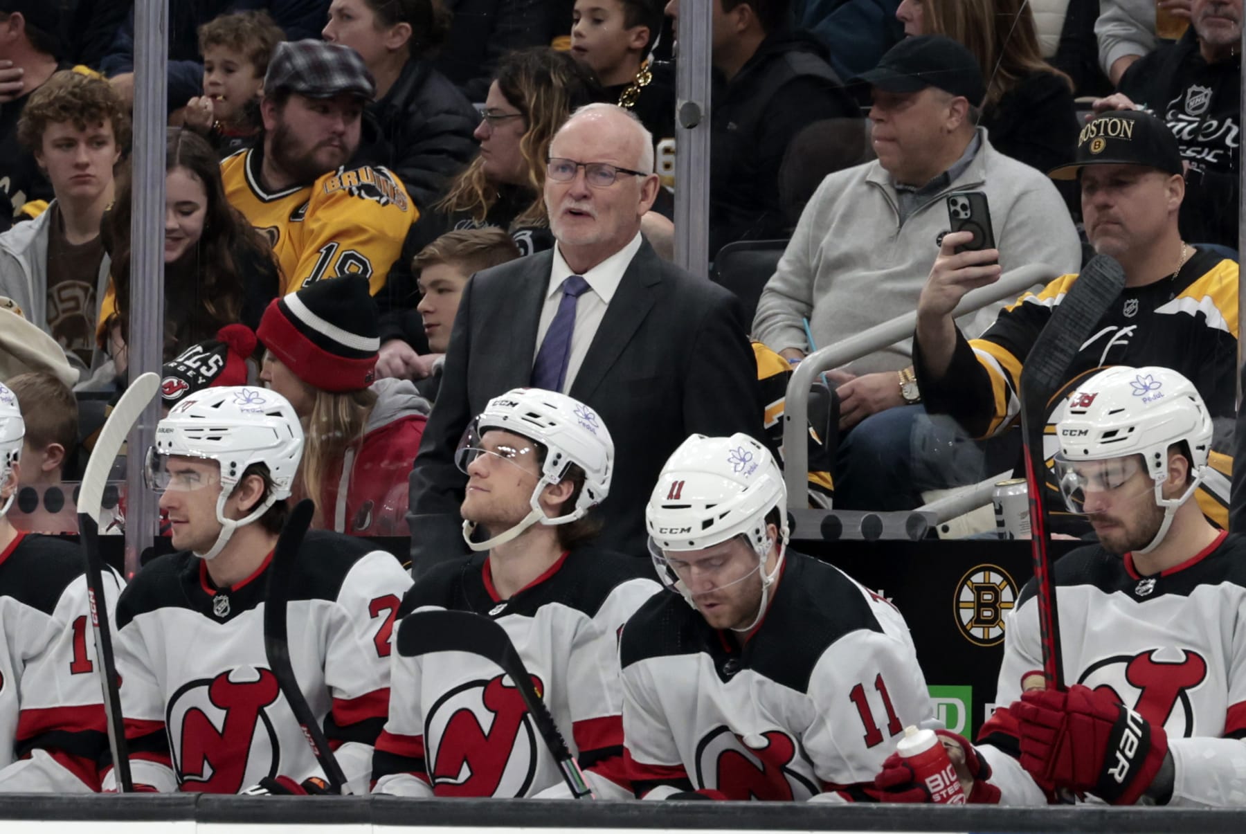 BOSTON, MA - DECEMBER 30: New Jersey Devils head coach Lindy Ruff during a game between the Boston Bruins and the New Jersey Devils on December 30, 2023, at TD Garden in Boston, Massachusetts. (Photo by Fred Kfoury III/Icon Sportswire via Getty Images)