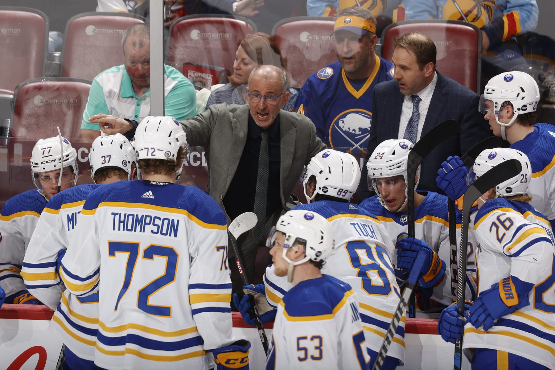 SUNRISE, FL - APRIL 4: Head coach Don Granato of the Buffalo Sabres directs the players during a time out against the Florida Panthers in the third period at the FLA Live Arena on April 4, 2023 in Sunrise, Florida. (Photo by Joel Auerbach/Getty Images)