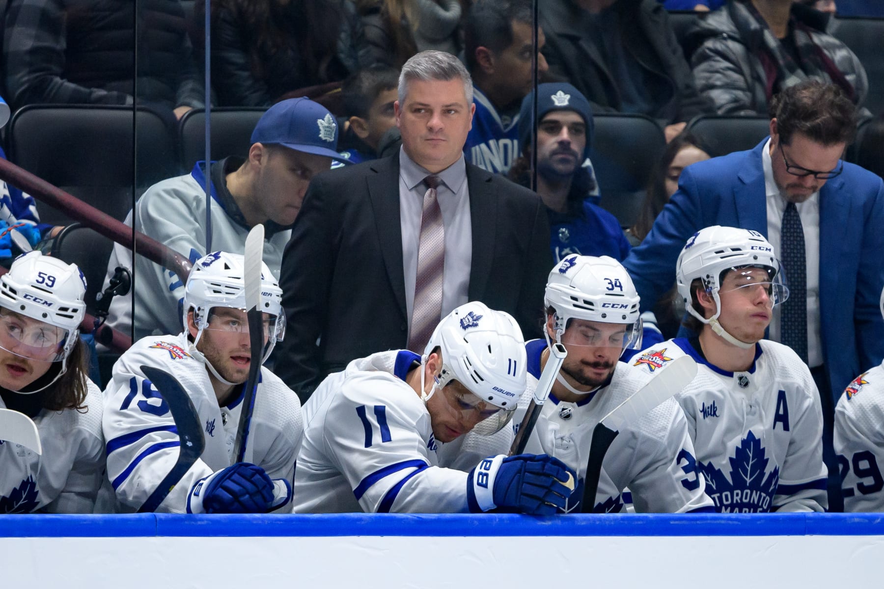 VANCOUVER, CANADA - JANUARY 20: Toronto Maple Leafs head coach Sheldon Keefe looks on during the second period of their NHL game against the Vancouver Canucks at Rogers Arena on January 20, 2024 in Vancouver, British Columbia, Canada. (Photo by Derek Cain/Getty Images)