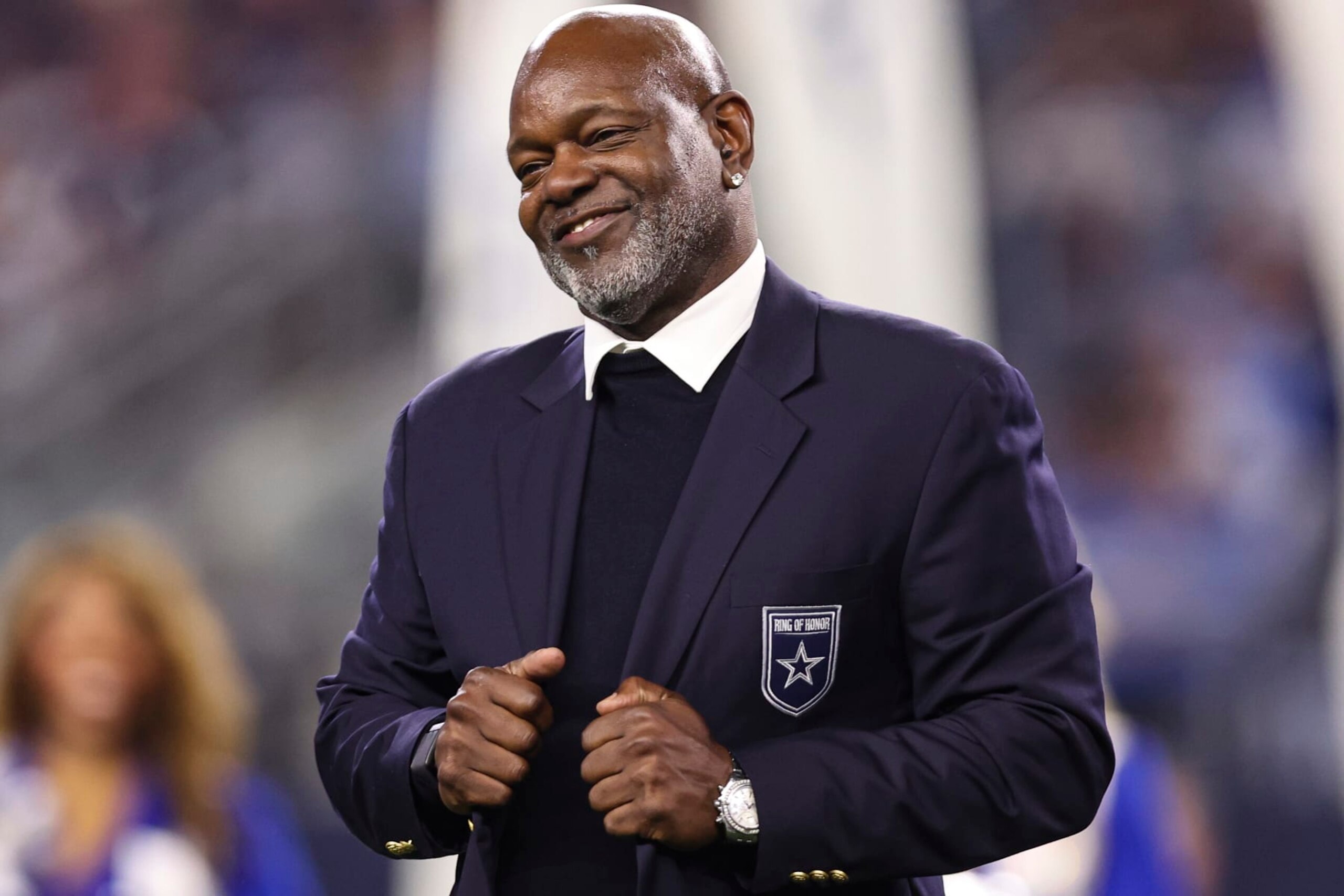 ARLINGTON, TX - DECEMBER 30:  Former NFL player Emmitt Smith looks on at halftime during an NFL football game between the Detroit Lions and the Dallas Cowboys at AT&T Stadium on December 30, 2023 in Arlington, Texas. (Photo by Perry Knotts/Getty Images)