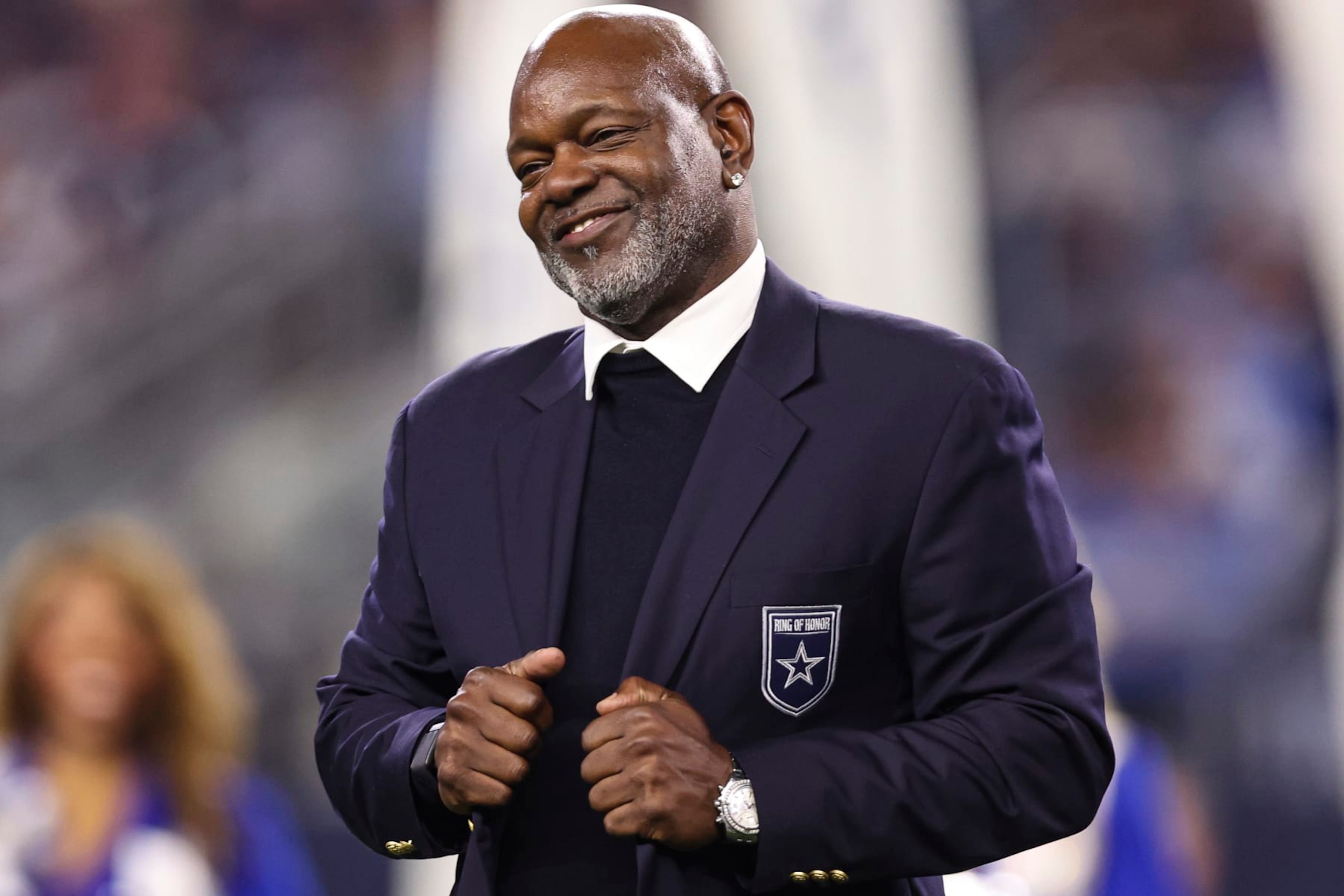 ARLINGTON, TX - DECEMBER 30:  Former NFL player Emmitt Smith looks on at halftime during an NFL football game between the Detroit Lions and the Dallas Cowboys at AT&T Stadium on December 30, 2023 in Arlington, Texas. (Photo by Perry Knotts/Getty Images)