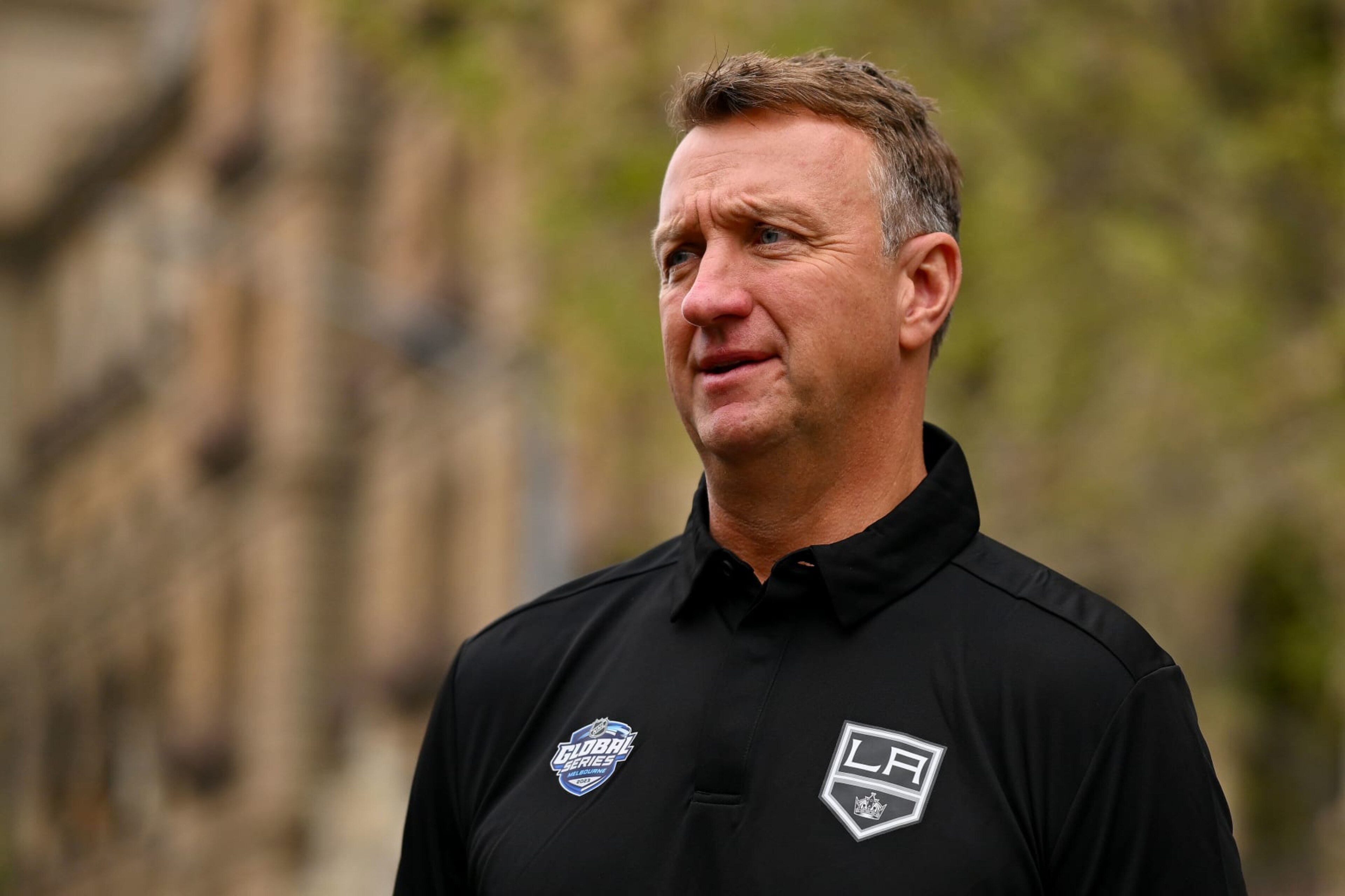 MELBOURNE, AUSTRALIA - SEPTEMBER 18: Los Angeles Kings General Manager Rob Blake watches on during a NHL International Series Media Opportunity at Parliament House on September 18, 2023 in Melbourne, Australia. (Photo by Morgan Hancock/Getty Images)