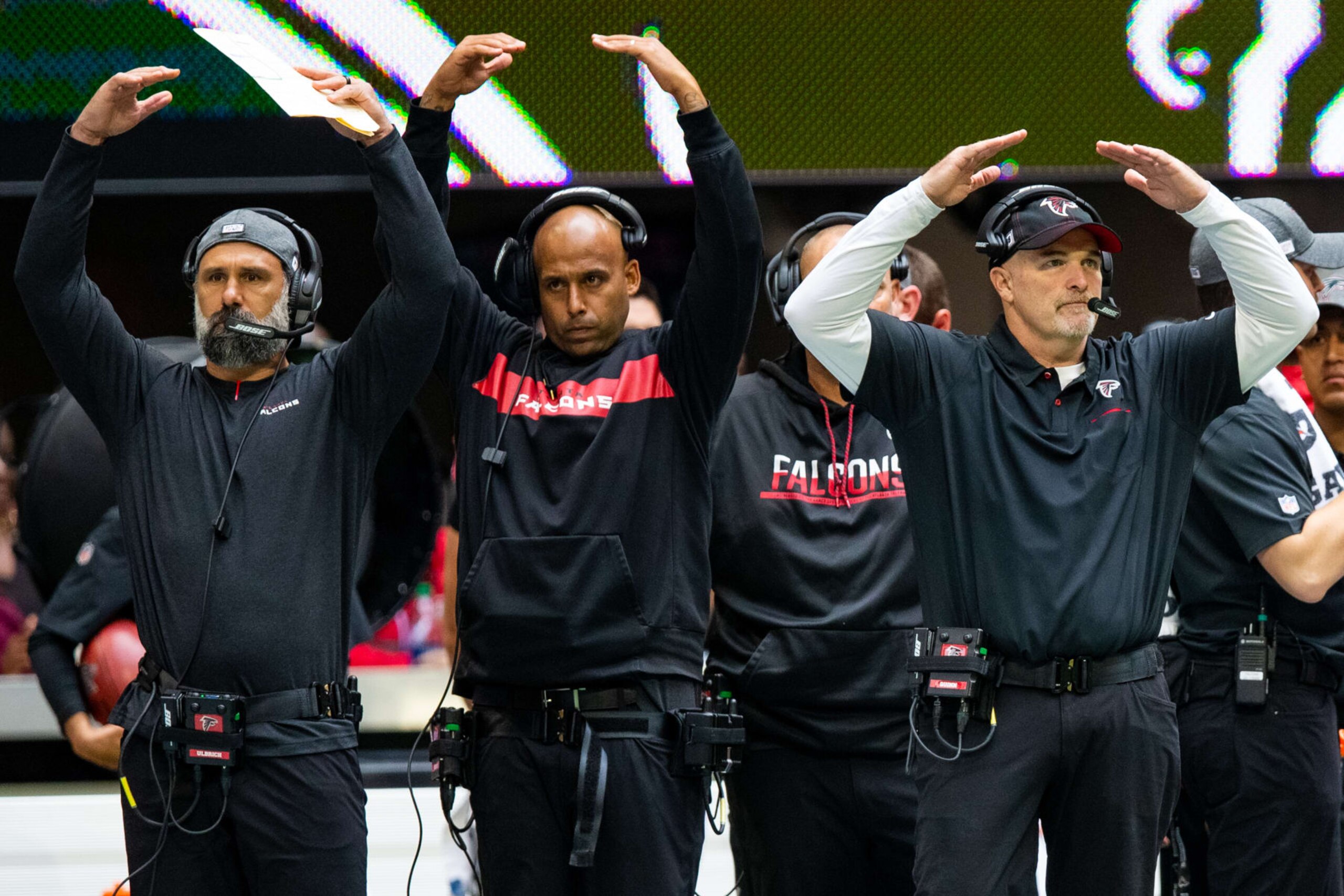 ATLANTA, GA - OCTOBER 20: Jeff Ulbrich, Aden Durde, and head coach Dan Quinn of the Atlanta Falcons in action during a game against the Los Angeles Rams at Mercedes-Benz Stadium on October 20, 2019 in Atlanta, Georgia. (Photo by Carmen Mandato/Getty Images)
