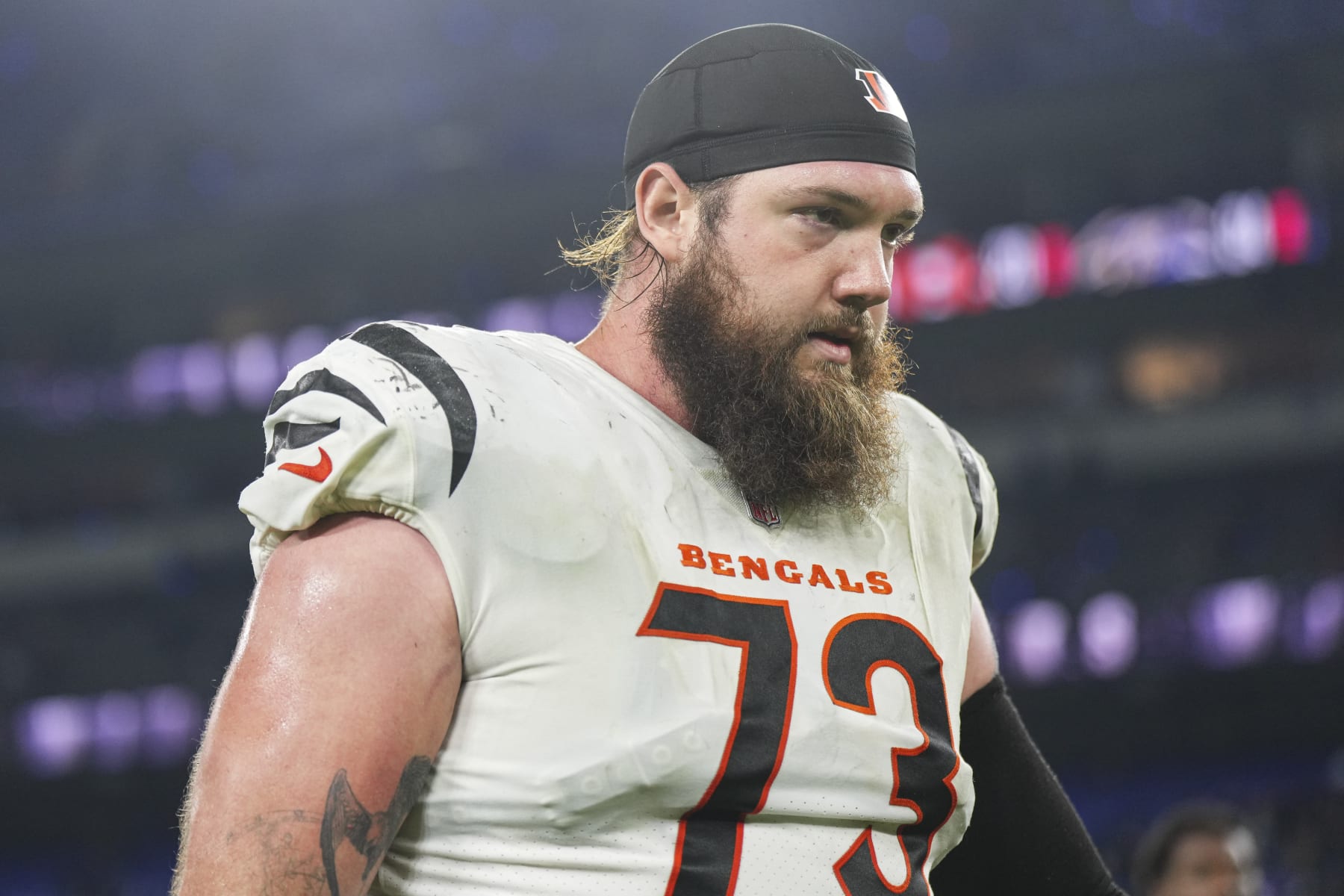 BALTIMORE, MD - NOVEMBER 16: Jonah Williams #73 of the Cincinnati Bengals walks off of the field after an NFL football game against the Baltimore Ravens at M&T Bank Stadium on November 16, 2023 in Baltimore, Maryland. (Photo by Cooper Neill/Getty Images)
