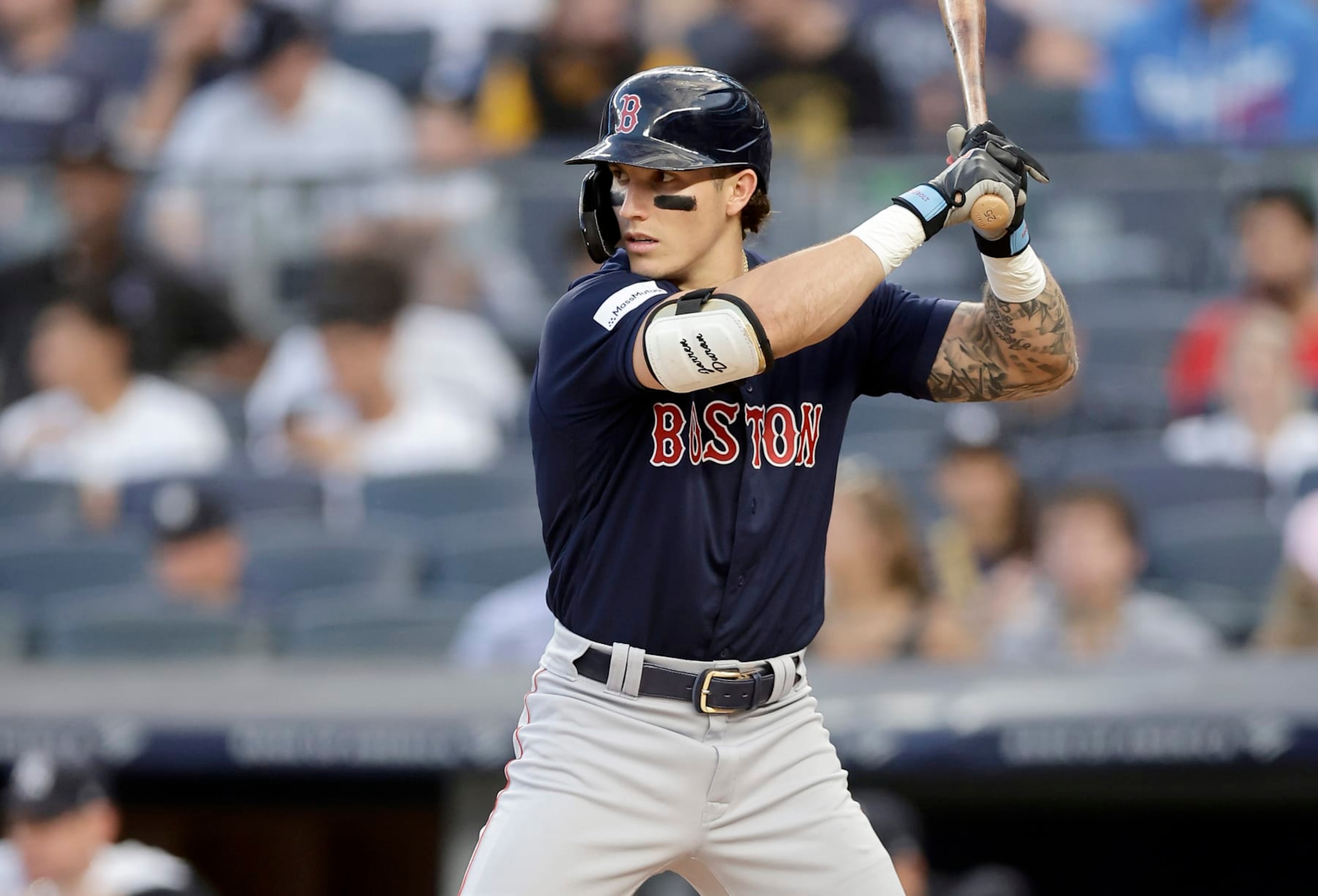 NEW YORK, NEW YORK - AUGUST 18: Jarren Duran #16 of the Boston Red Sox in action against the New York Yankees at Yankee Stadium on August 18, 2023 in the Bronx borough of New York City. The Red Sox defeated the Yankees 8-3. (Photo by Jim McIsaac/Getty Images) NEW YORK, NEW YORK - AUGUST 18: Jarren Duran #16 of the Boston Red Sox in action against the New York Yankees at Yankee Stadium on August 18, 2023 in the Bronx borough of New York City. The Red Sox defeated the Yankees 8-3. (Photo by Jim McIsaac/Getty Images)
