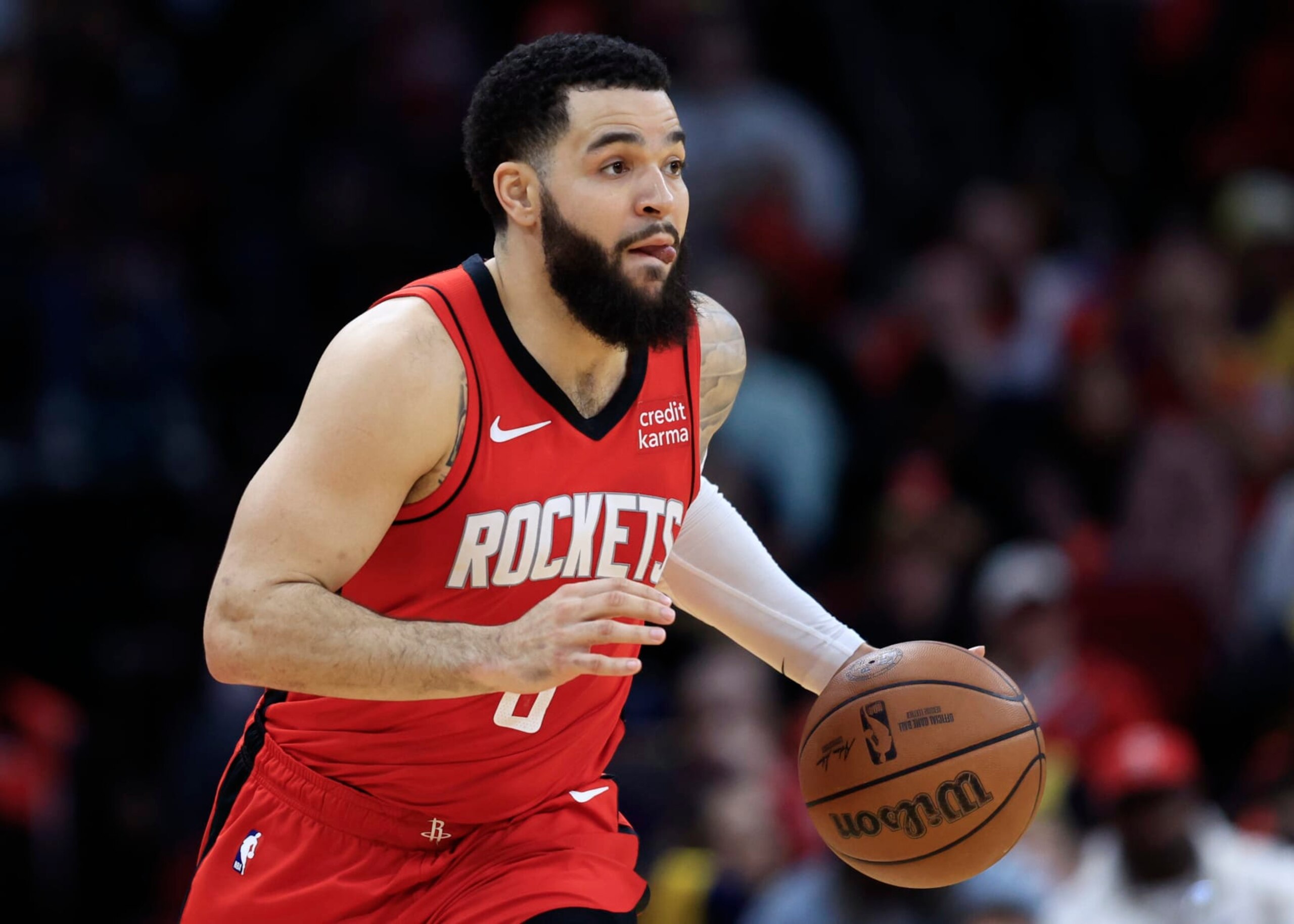 HOUSTON, TEXAS - JANUARY 29: Fred VanVleet #5 of the Houston Rockets against the Los Angeles Lakers during the second half at Toyota Center on January 29, 2024 in Houston, Texas. NOTE TO USER: User expressly acknowledges and agrees that, by downloading and or using this photograph, User is consenting to the terms and conditions of the Getty Images License Agreement.  (Photo by Carmen Mandato/Getty Images)