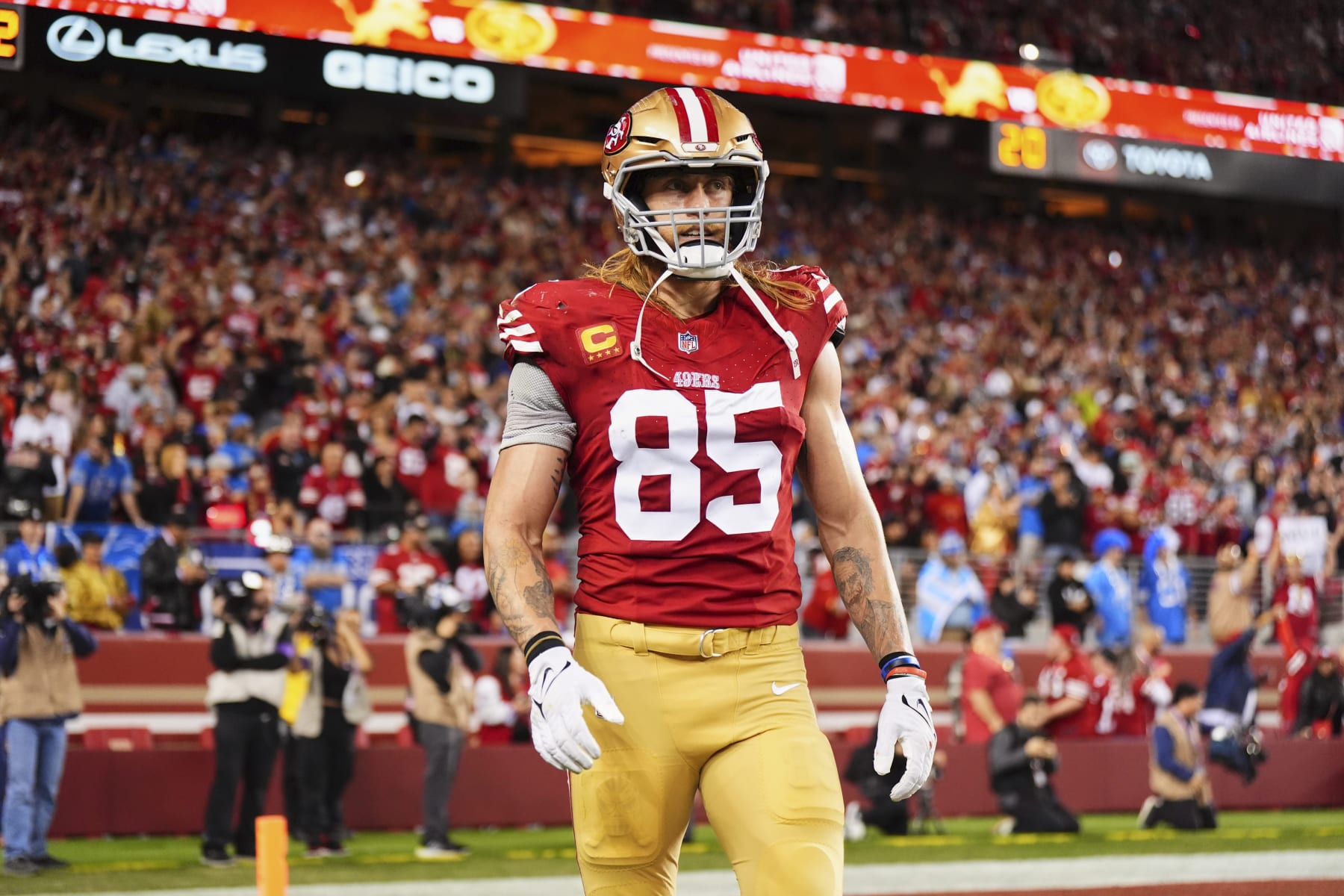 SANTA CLARA, CA - JANUARY 28: George Kittle #85 of the San Francisco 49ers celebrates after a the San Francisco 49ers scored a touchdown against the Detroit Lions during the second half of the NFC Championship football game at Levi's Stadium on January 28, 2024 in Santa Clara, California. (Photo by Cooper Neill/Getty Images)