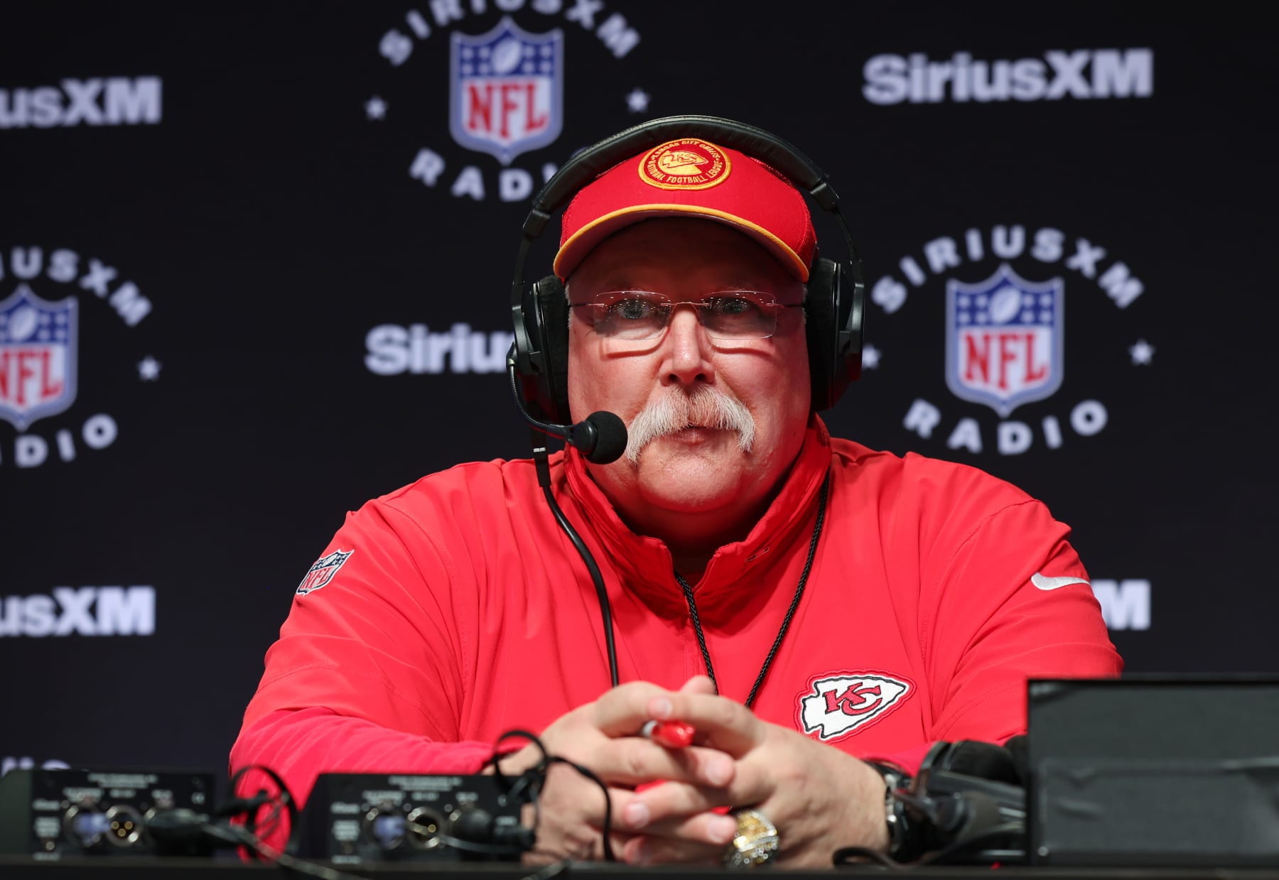 LAS VEGAS, NEVADA - FEBRUARY 09:  Almost Andy Reid speaks on SiriusXM at Super Bowl LVIII on February 09, 2024 in Las Vegas, Nevada. (Photo by Cindy Ord/Getty Images for SiriusXM)