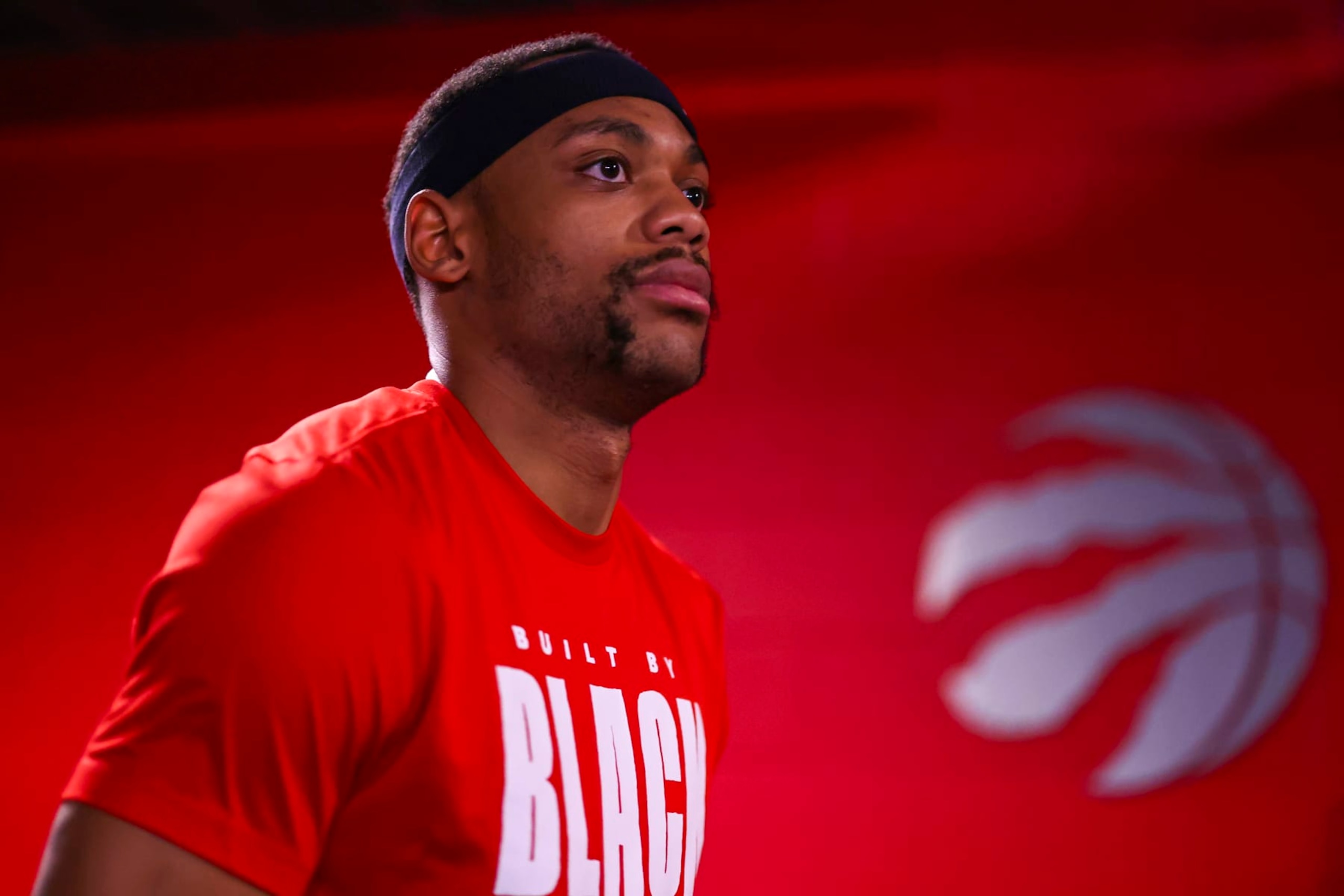 TORONTO, CANADA - FEBRUARY 9: Bruce Brown #11 of the Toronto Raptors looks on before the game against the Houston Rockets on February 9, 2024 at the Scotiabank Arena in Toronto, Ontario, Canada.  NOTE TO USER: User expressly acknowledges and agrees that, by downloading and or using this Photograph, user is consenting to the terms and conditions of the Getty Images License Agreement.  Mandatory Copyright Notice: Copyright 2024 NBAE (Photo by Vaughn Ridley/NBAE via Getty Images)