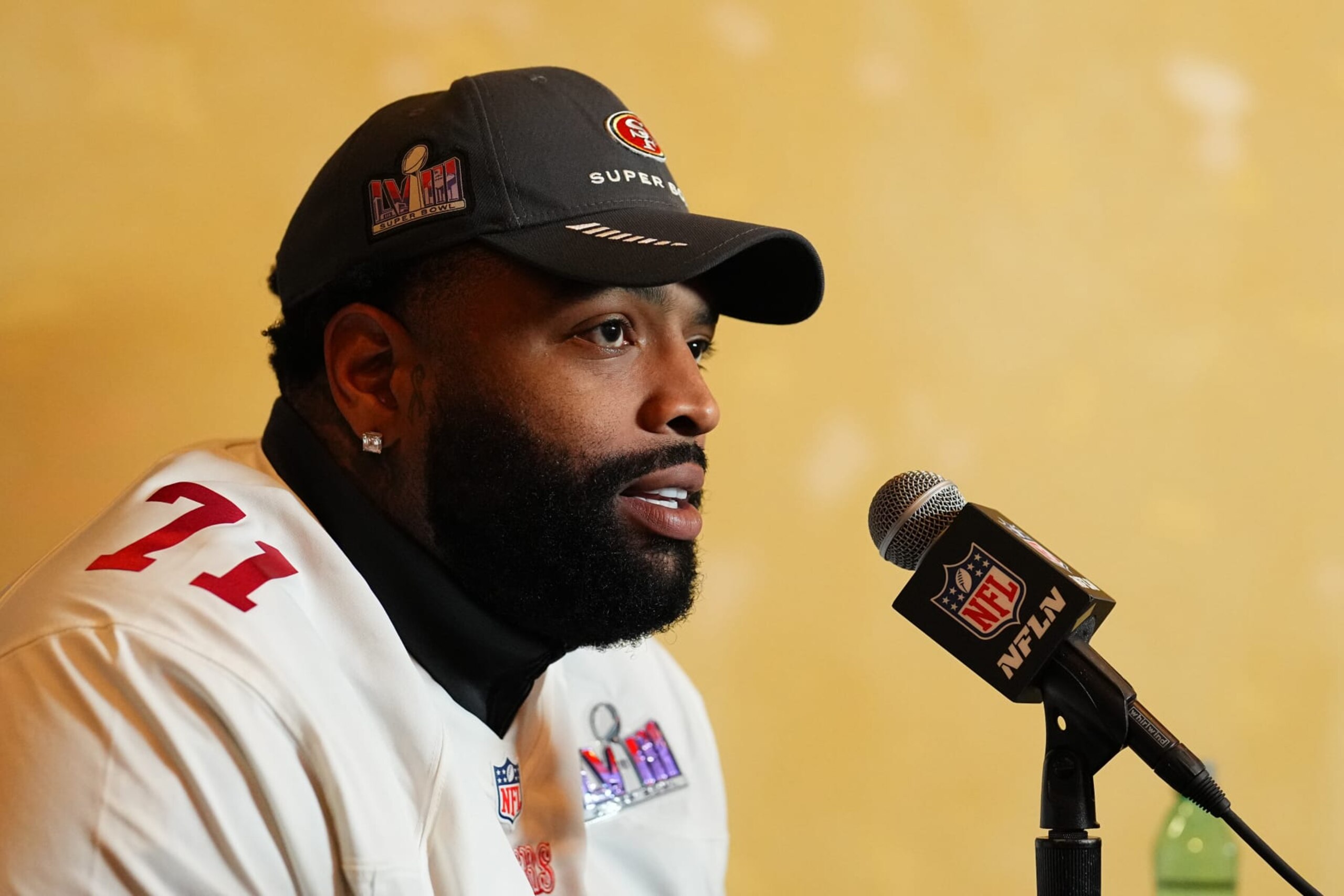 HENDERSON, NEVADA - FEBRUARY 08: Trent Williams #71 speaks to media during San Francisco 49ers media availability ahead of Super Bowl LVIII at Hilton Lake Las Vegas Resort and Spa on February 08, 2024 in Henderson, Nevada. (Photo by Chris Unger/Getty Images)