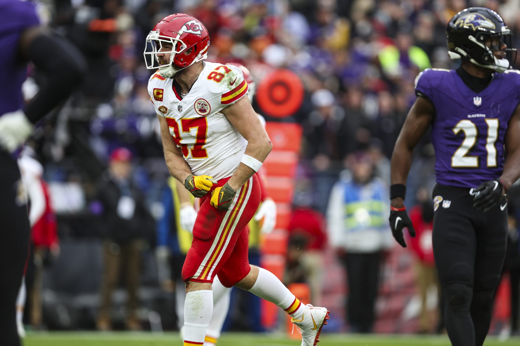 BALTIMORE, MD - JANUARY 28: Travis Kelce #87 of the Kansas City Chiefs celebrates during the AFC Championship NFL football game against the Baltimore Ravens at M&T Bank Stadium on January 28, 2024 in Baltimore, Maryland. (Photo by Perry Knotts/Getty Images)