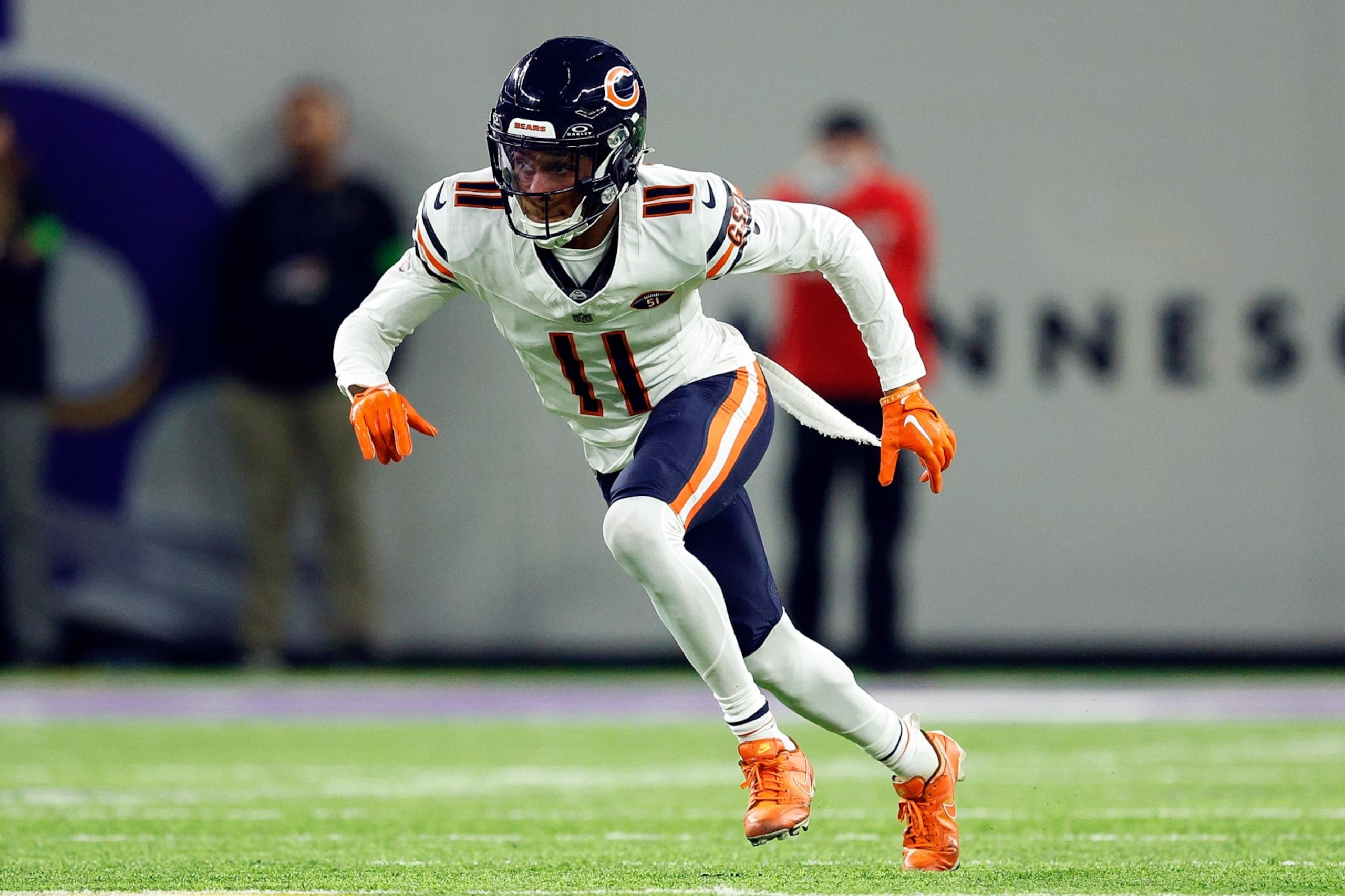 MINNEAPOLIS, MINNESOTA - NOVEMBER 27: Darnell Mooney #11 of the Chicago Bears competes against the Minnesota Vikings in the first half at U.S. Bank Stadium on November 27, 2023 in Minneapolis, Minnesota. The Bears defeated the Vikings 12-10. (Photo by David Berding/Getty Images)