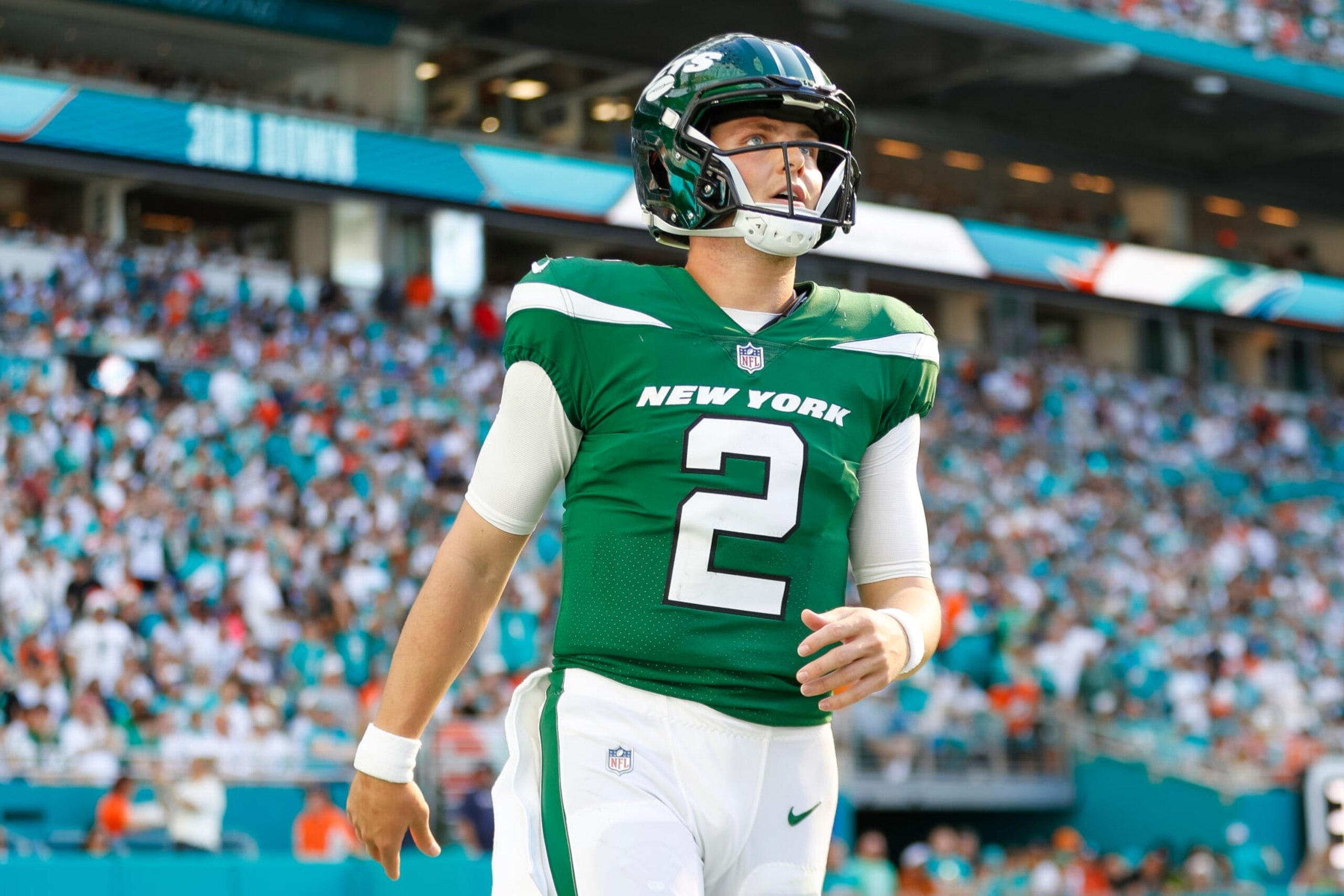 MIAMI GARDENS, FLORIDA - DECEMBER 17: Zach Wilson #2 of the New York Jets reacts in the first half during a game against the Miami Dolphins at Hard Rock Stadium on December 17, 2023 in Miami Gardens, Florida. (Photo by Brandon Sloter/Image Of Sport/Getty Images)