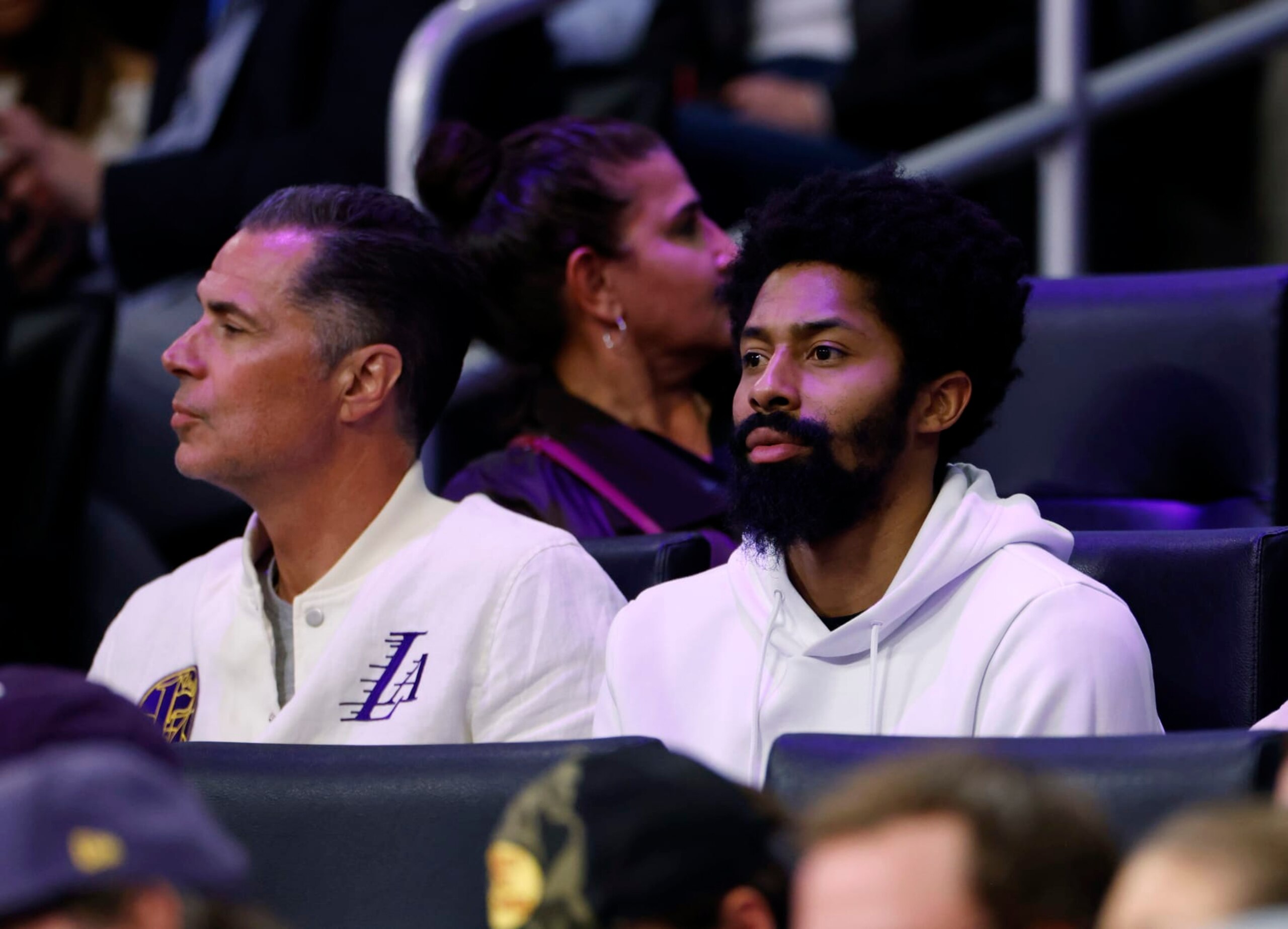 LOS ANGELES, CALIFORNIA - FEBRUARY 09: Rob Pelinka (L), vice president of basketball operations and general manager of the Los Angeles Lakers, and free agent Spencer Dinwiddie, formerly of the Brooklyn Nets, attend the New Orleans Pelicans and Los Angeles Lakers  game at Crypto.com Arena on February 9, 2024 in Los Angeles, California. NOTE TO USER: User expressly acknowledges and agrees that, by downloading and or using this photograph, User is consenting to the terms and conditions of the Getty Images License Agreement. (Photo by Kevork Djansezian/Getty Images)
