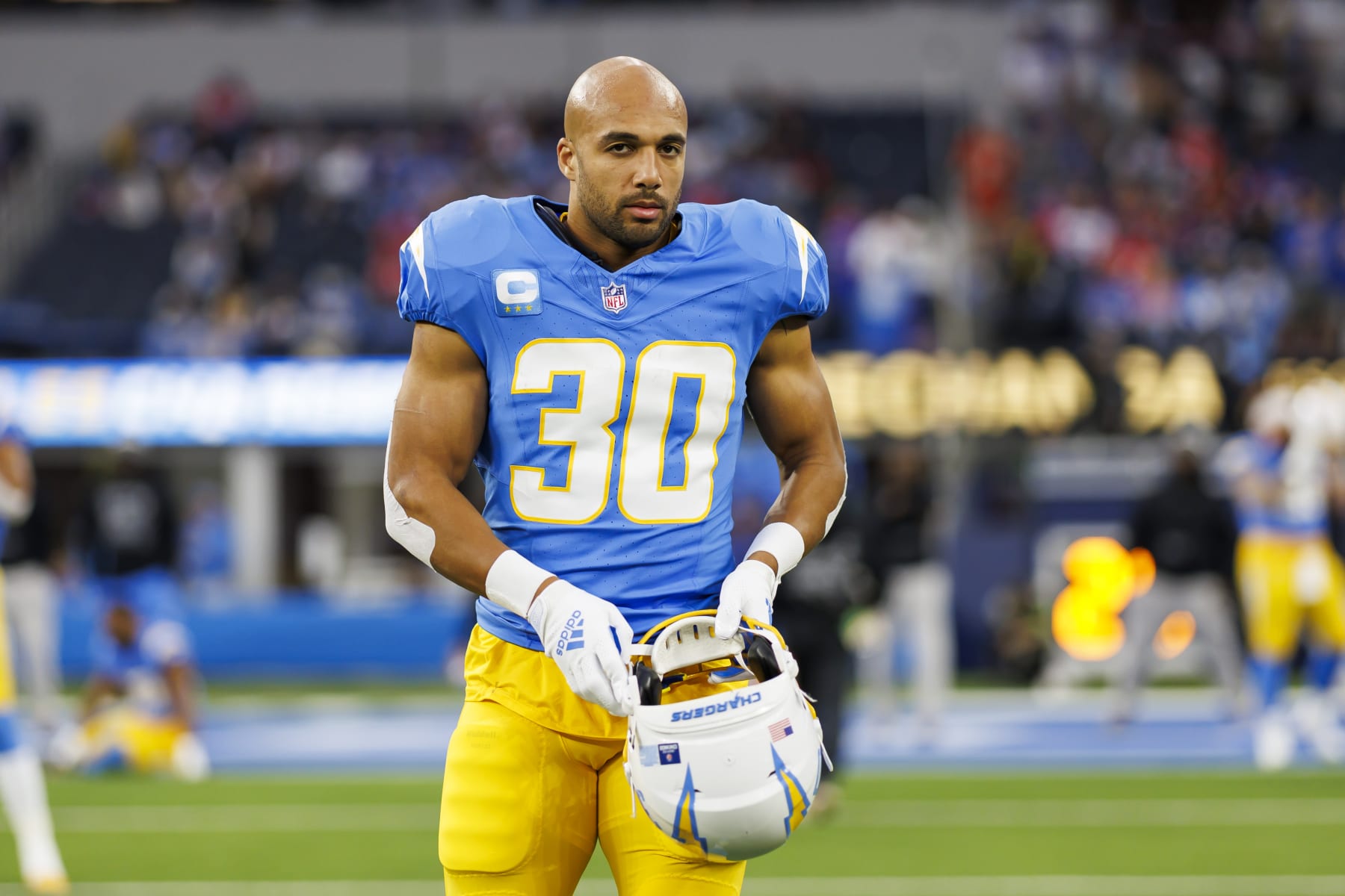 INGLEWOOD, CA - DECEMBER 23: Austin Ekeler #30 of the Los Angeles Chargers looks on during pregame warmups before an NFL football game against the Buffalo Bills at SoFi Stadium on December 23, 2023 in Inglewood, California. (Photo by Ryan Kang/Getty Images)