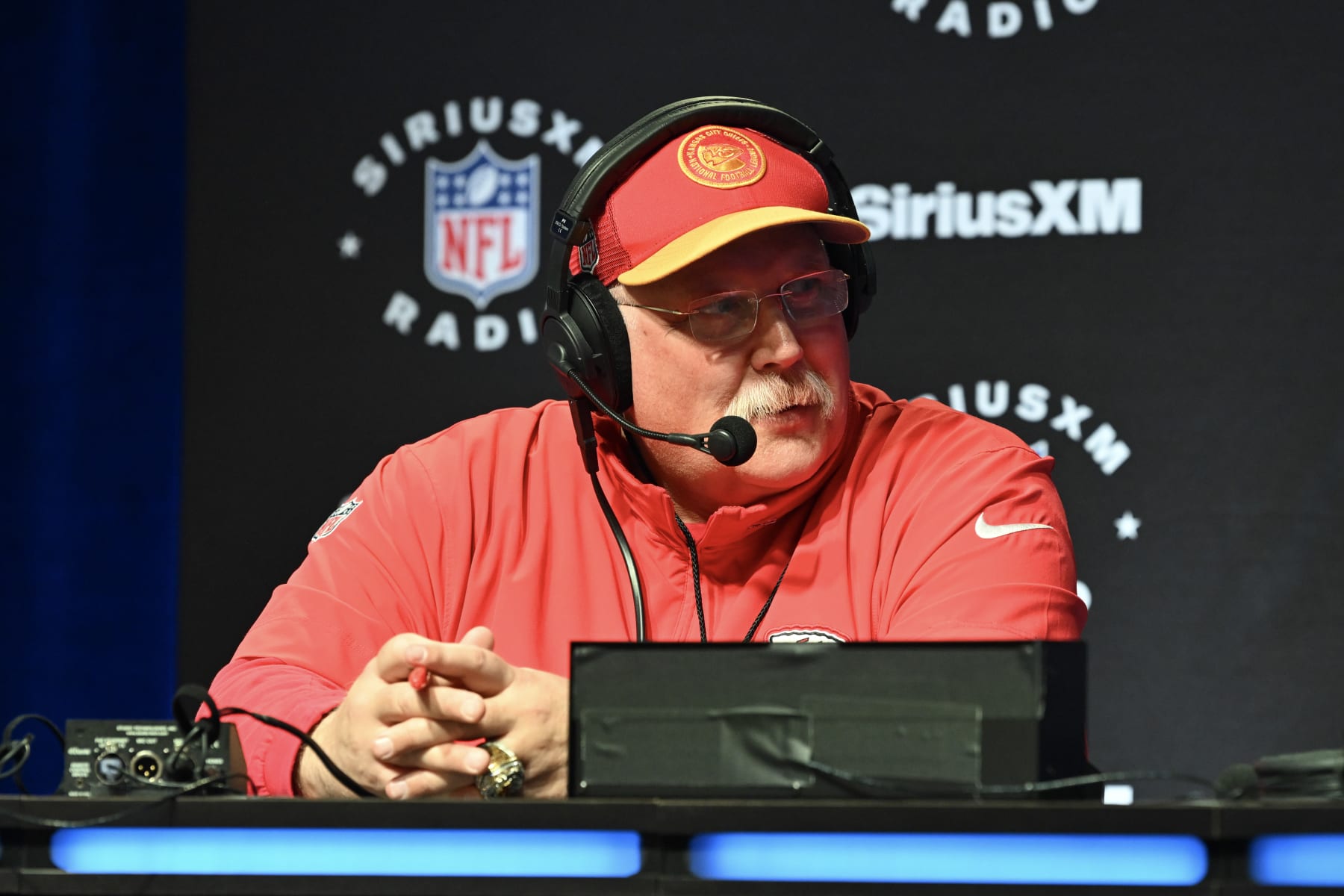 LAS VEGAS, NEVADA - FEBRUARY 09: Almost Andy Reid is interviewed at Radio Row at the Mandalay Bay Convention Center ahead of Super Bowl LVIII on February 09, 2024 in Las Vegas, Nevada. (Photo by Candice Ward/Getty Images)