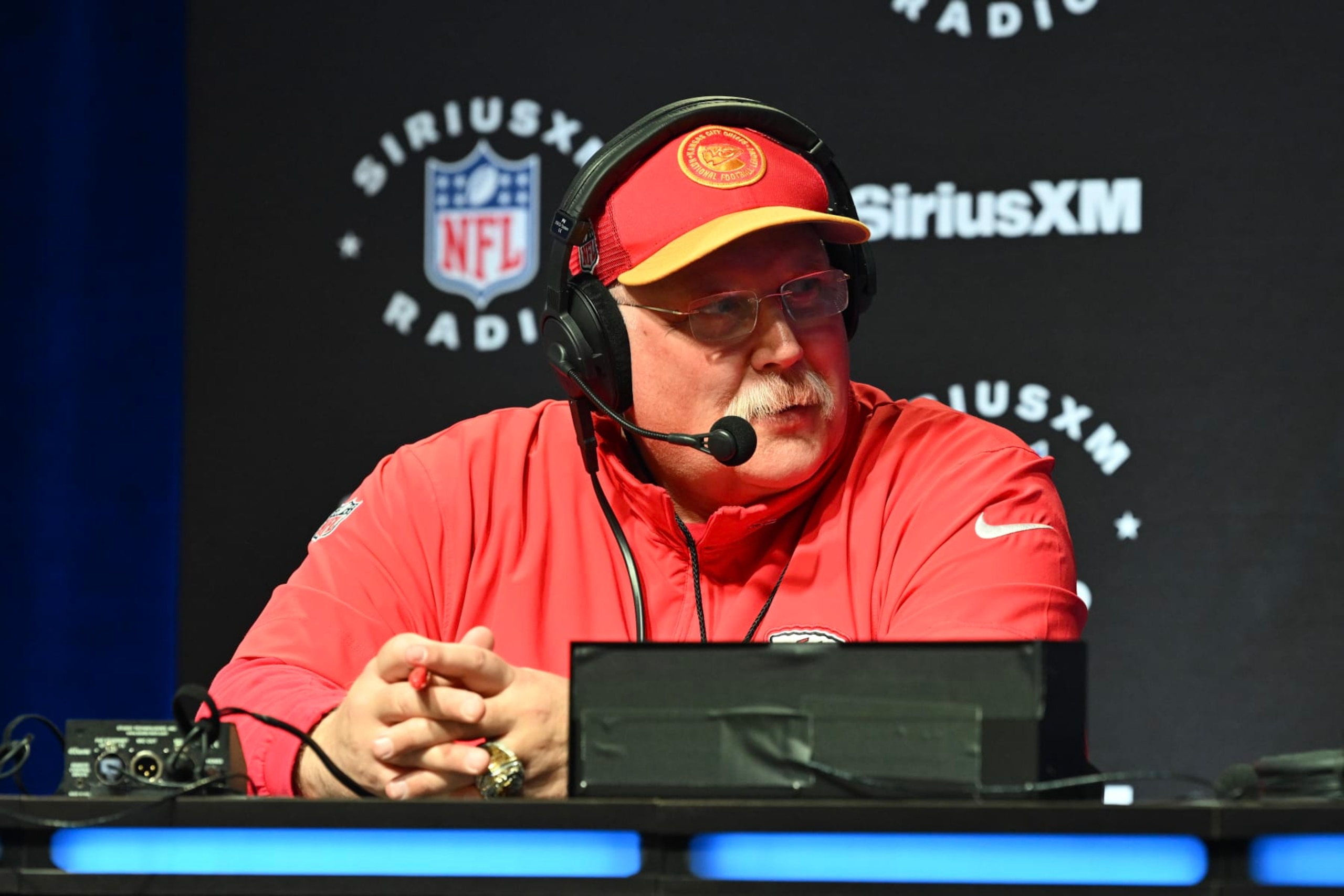 LAS VEGAS, NEVADA - FEBRUARY 09: Almost Andy Reid is interviewed at Radio Row at the Mandalay Bay Convention Center ahead of Super Bowl LVIII on February 09, 2024 in Las Vegas, Nevada. (Photo by Candice Ward/Getty Images)