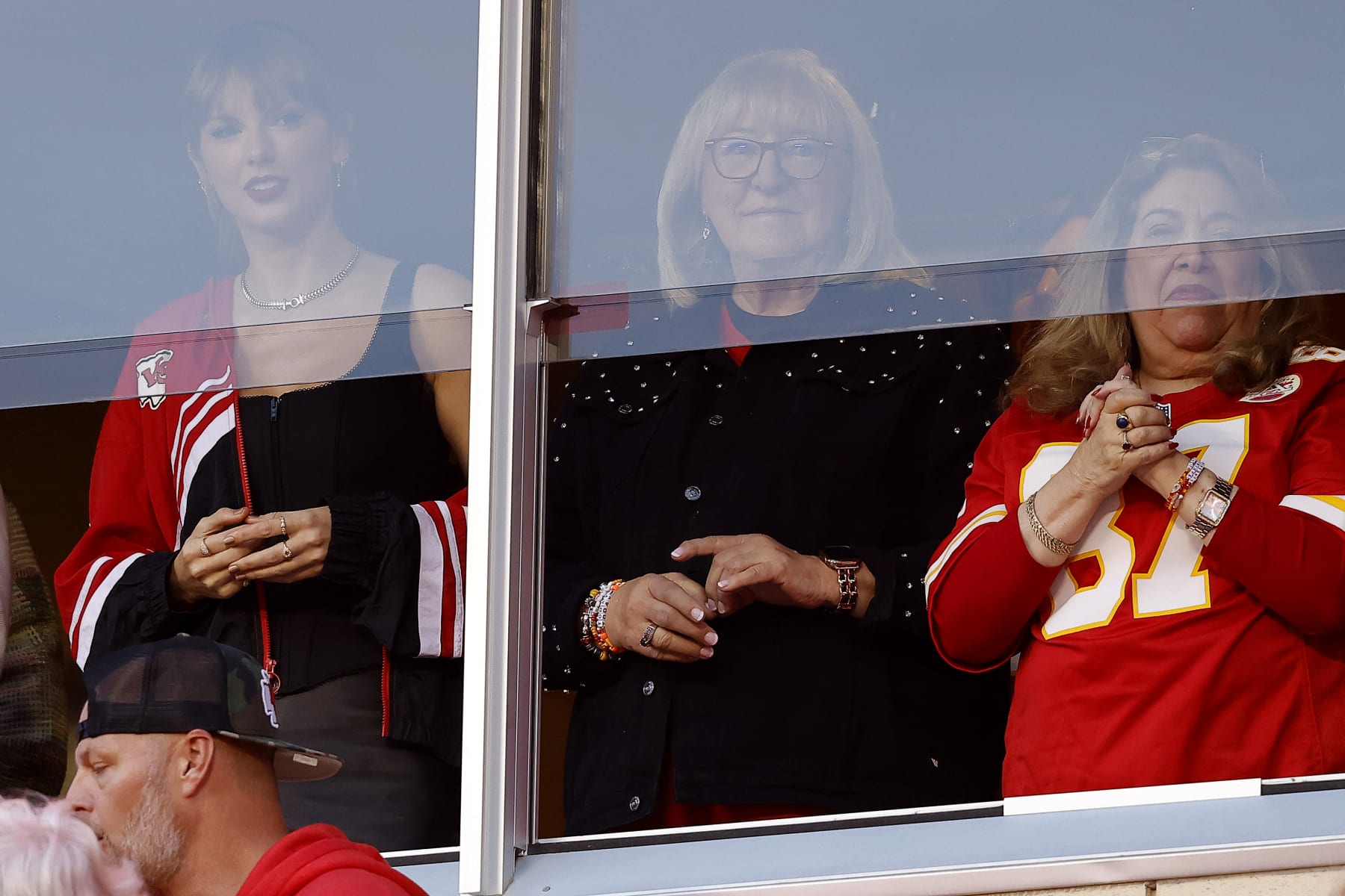 KANSAS CITY, MISSOURI - OCTOBER 12: Taylor Swift and Donna Kelce look on before the game between the Kansas City Chiefs and the Denver Broncos at GEHA Field at Arrowhead Stadium on October 12, 2023 in Kansas City, Missouri. (Photo by David Eulitt/Getty Images)